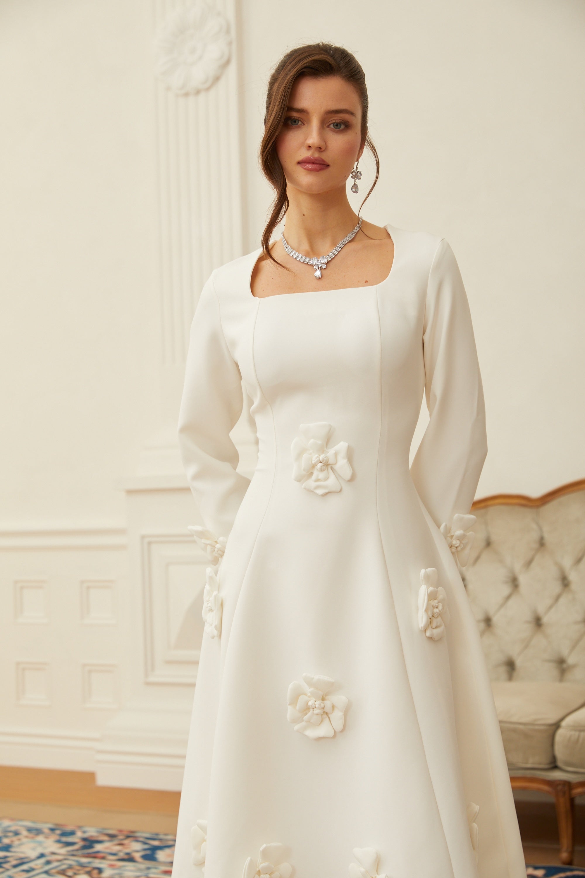 Estrid White 3D Petal Darted Midi Dress