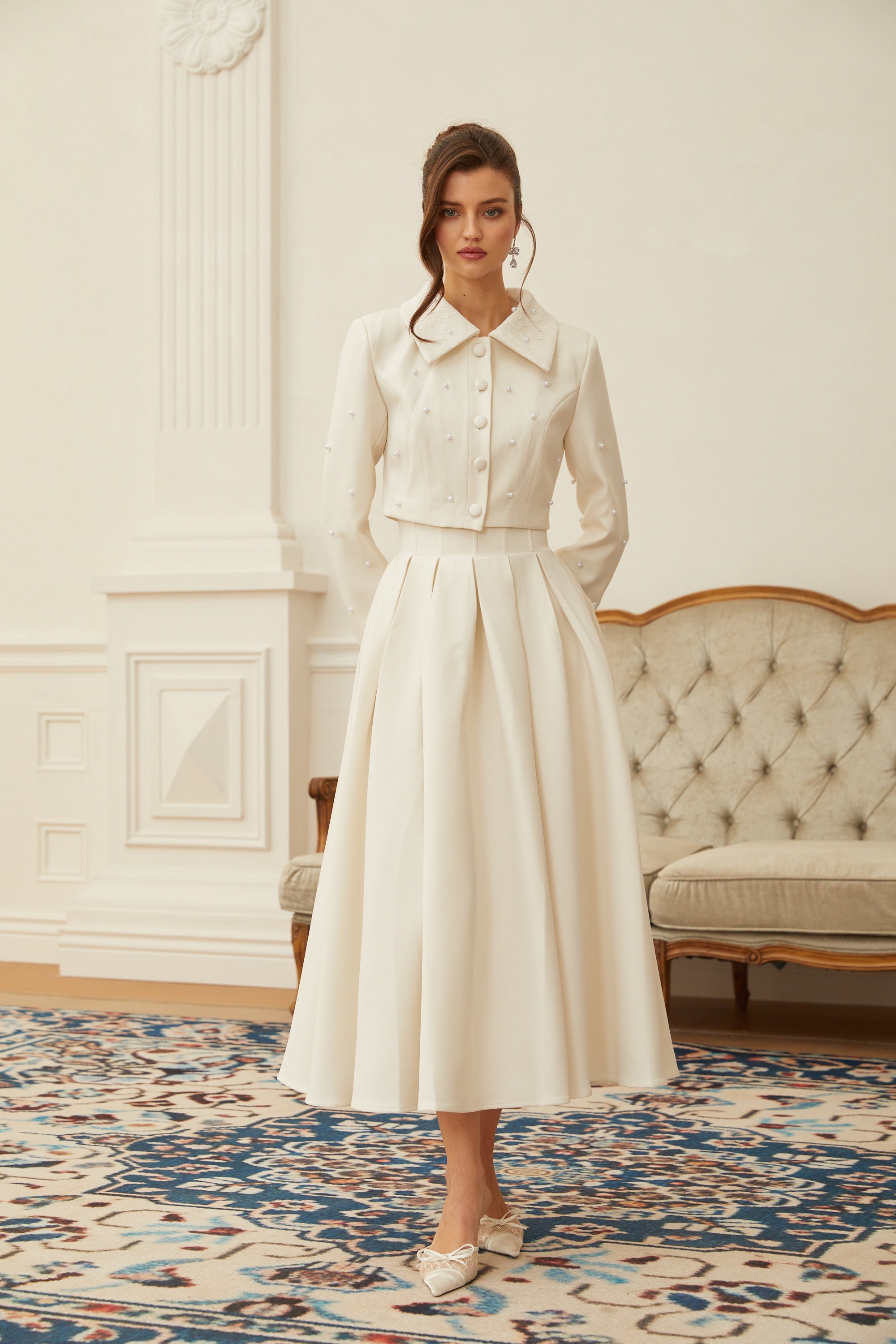 Maja White Faux Pearl Jacket & Pleated Skirt Set (Final Sale-US Only)