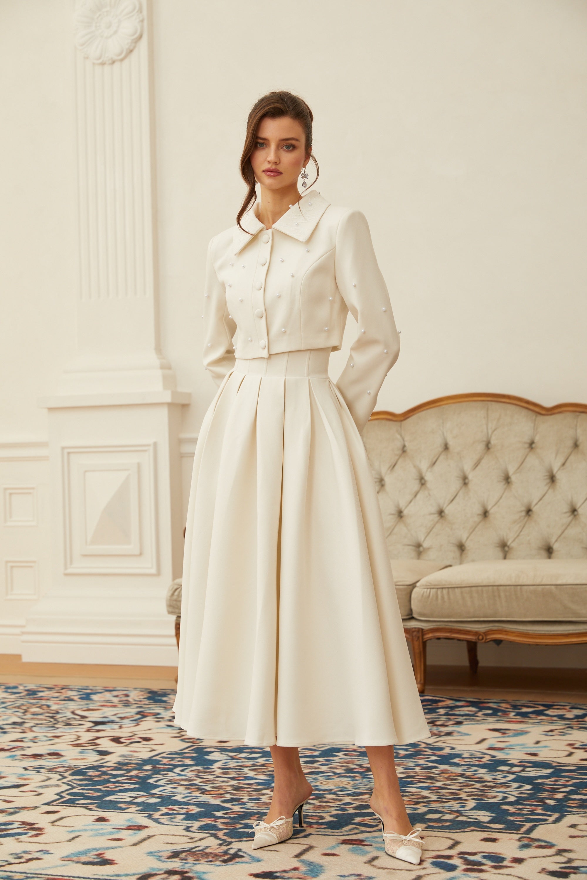 Maja White Faux Pearl Jacket & Pleated Skirt Set (Final Sale-US Only)