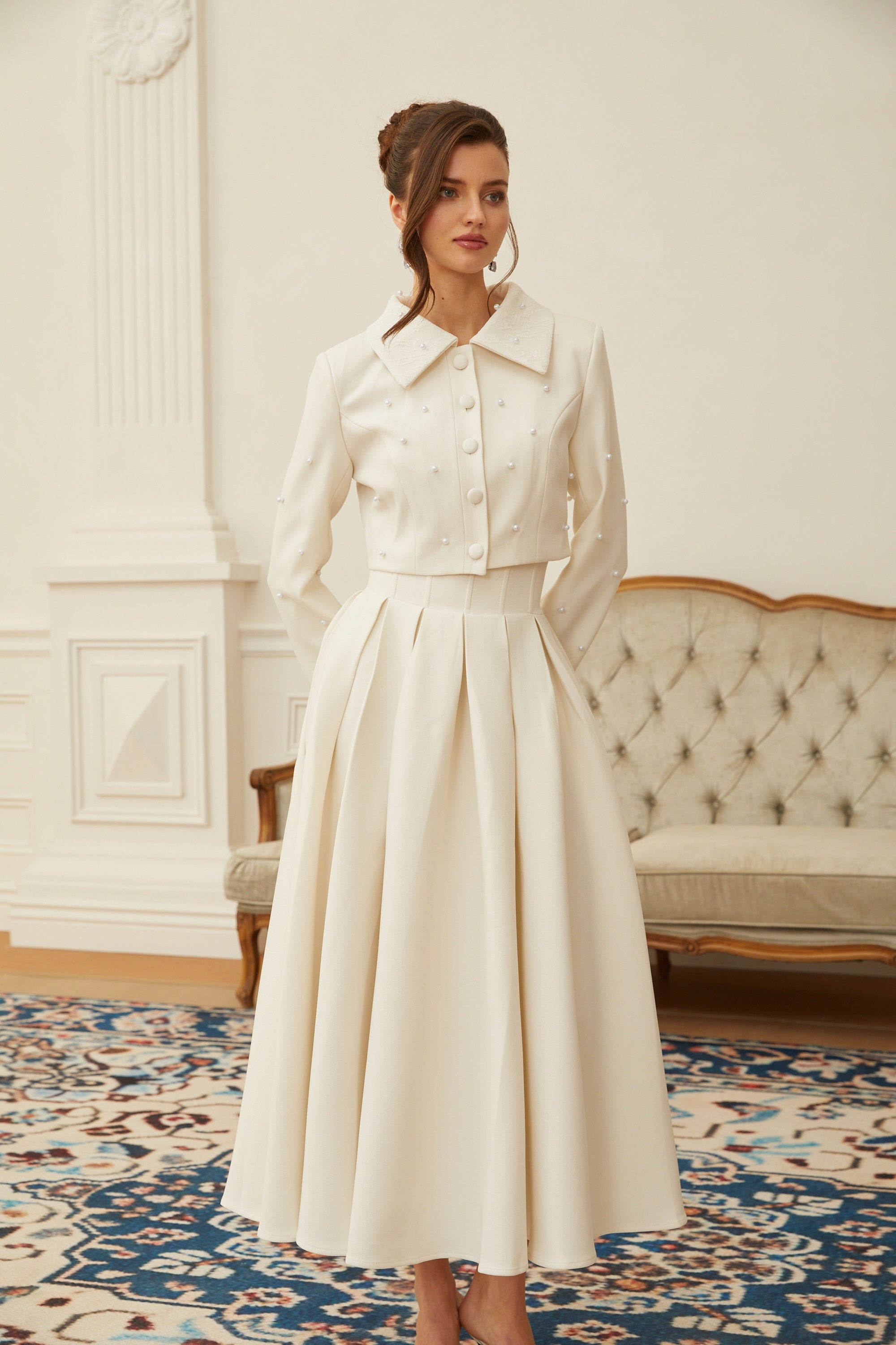 Maja White Faux Pearl Jacket & Pleated Skirt Set (Final Sale-US Only)