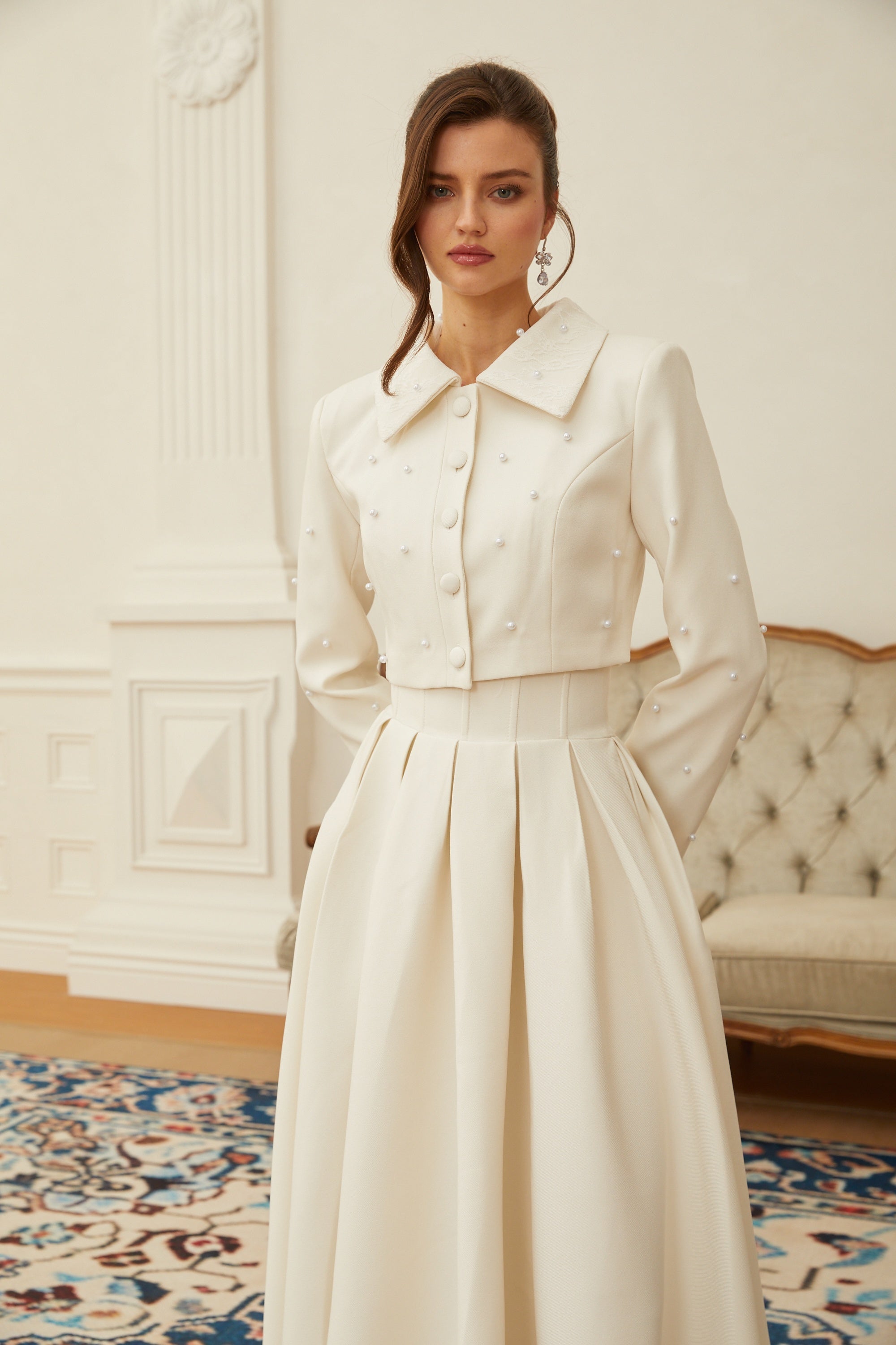 Maja White Faux Pearl Jacket & Pleated Skirt Set