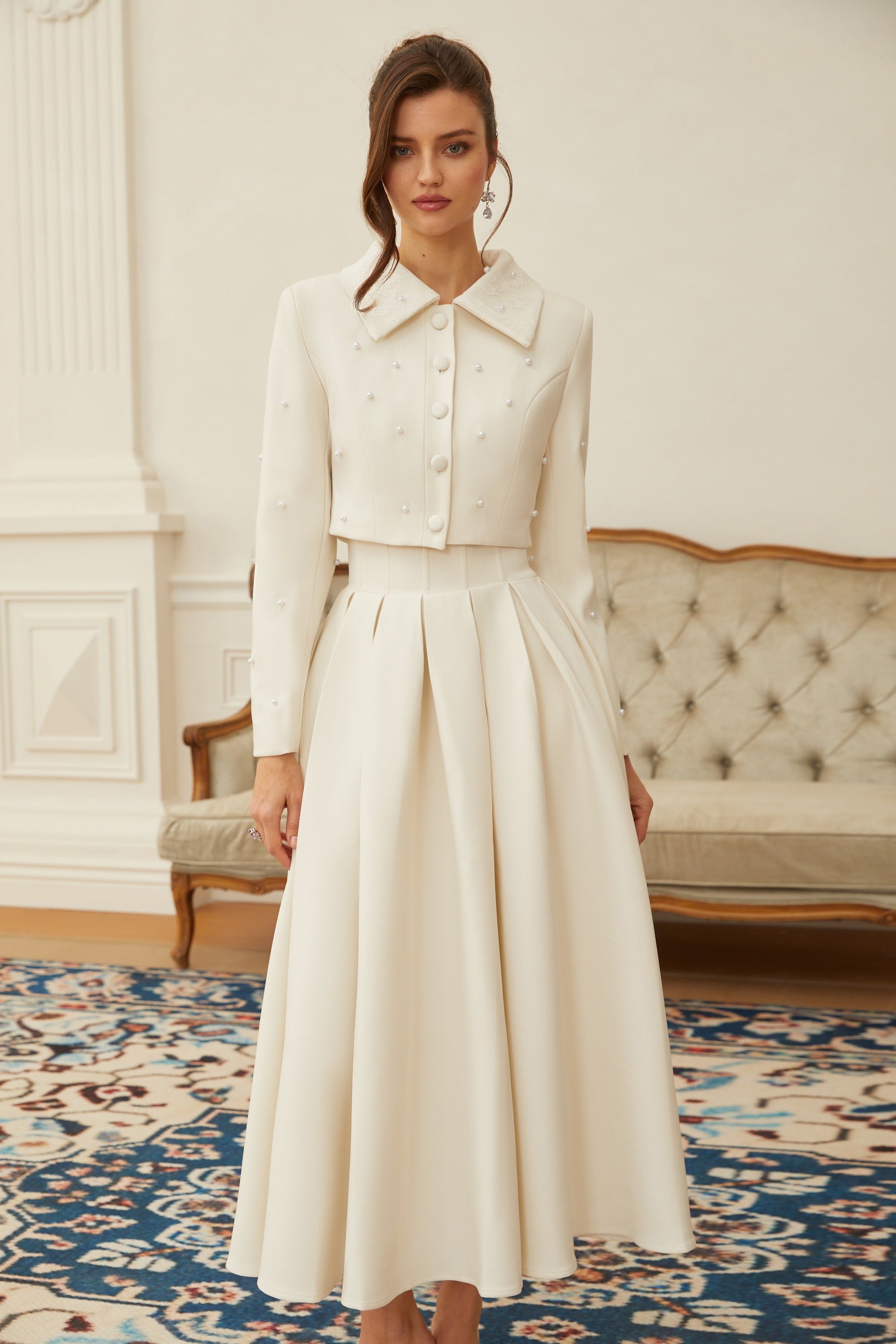 Maja White Faux Pearl Jacket & Pleated Skirt Set (Final Sale-US Only)