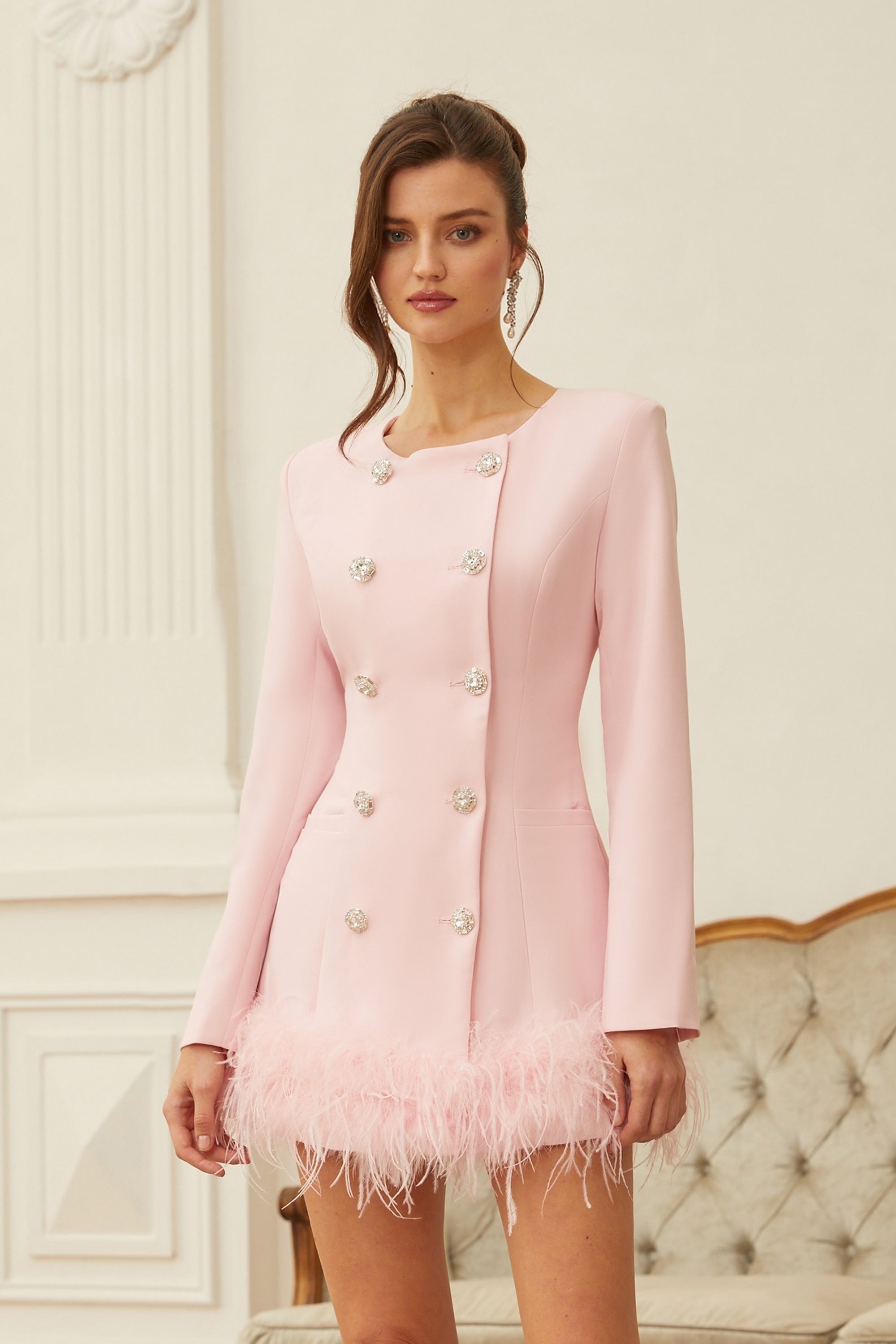 Freja Pink Feather Trim Mini Blazer Dress (Final Sale-US Only)