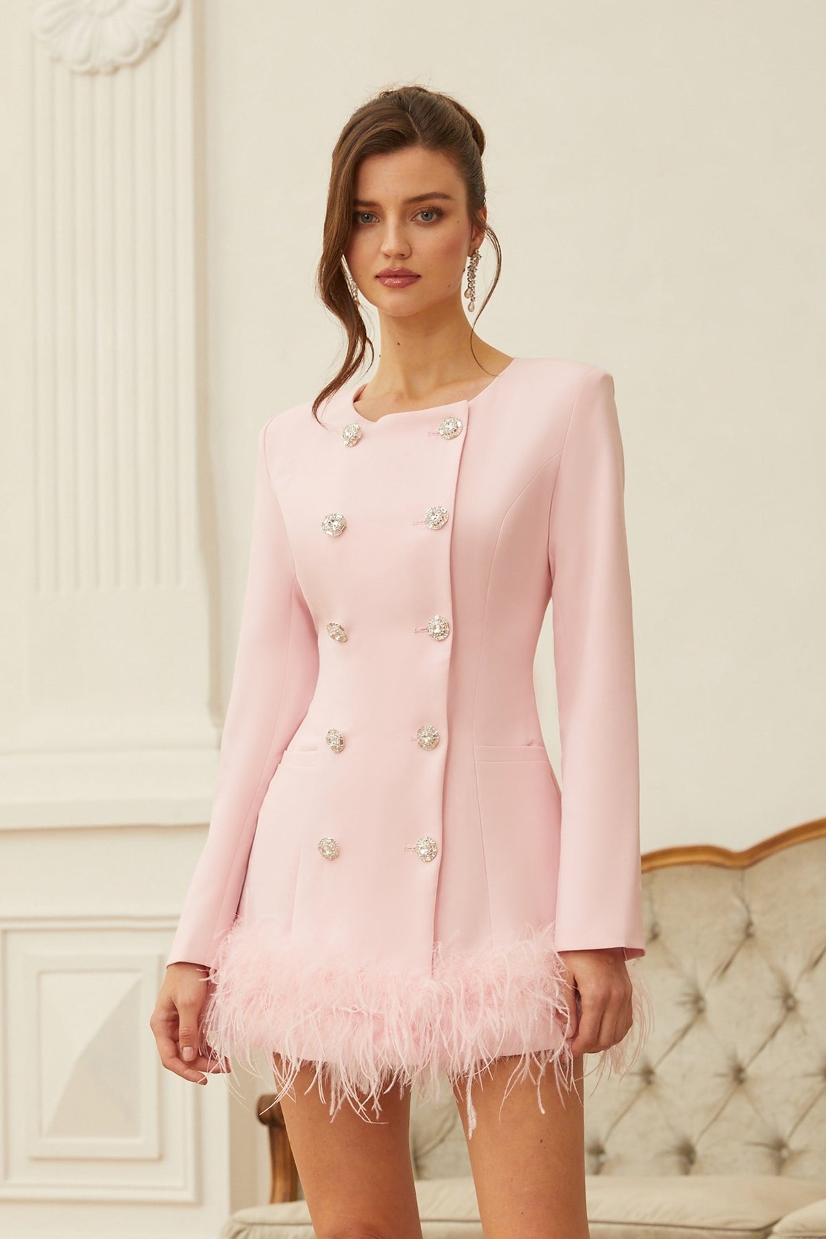 Freja Pink Feather Trim Mini Blazer Dress (Final Sale-US Only)