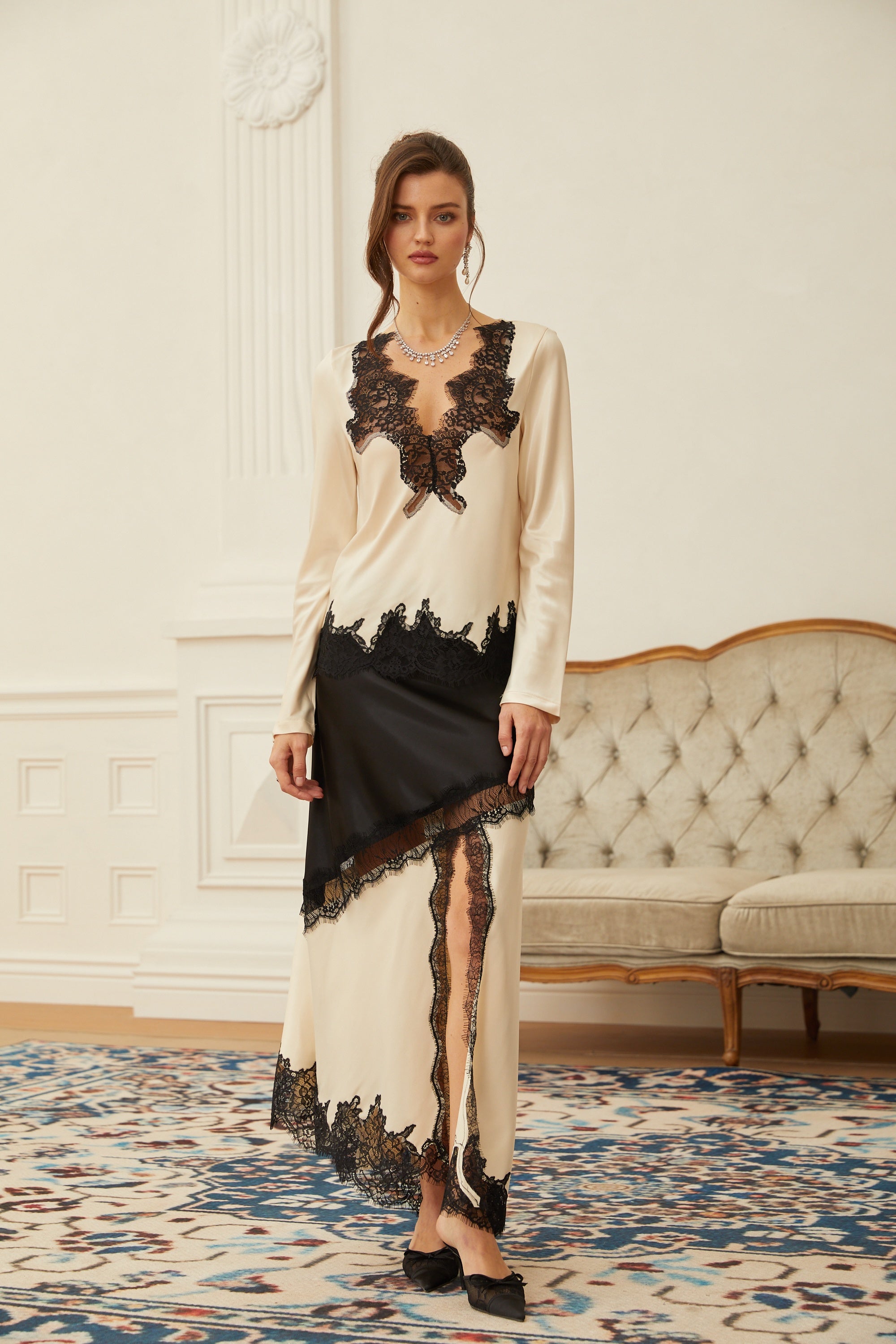 Raphaëlle Neutral Lace Panel Satin Blouse & Skirt Set