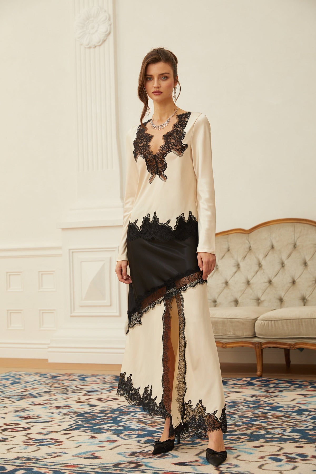 Raphaëlle Neutral Lace Panel Satin Blouse & Skirt Set