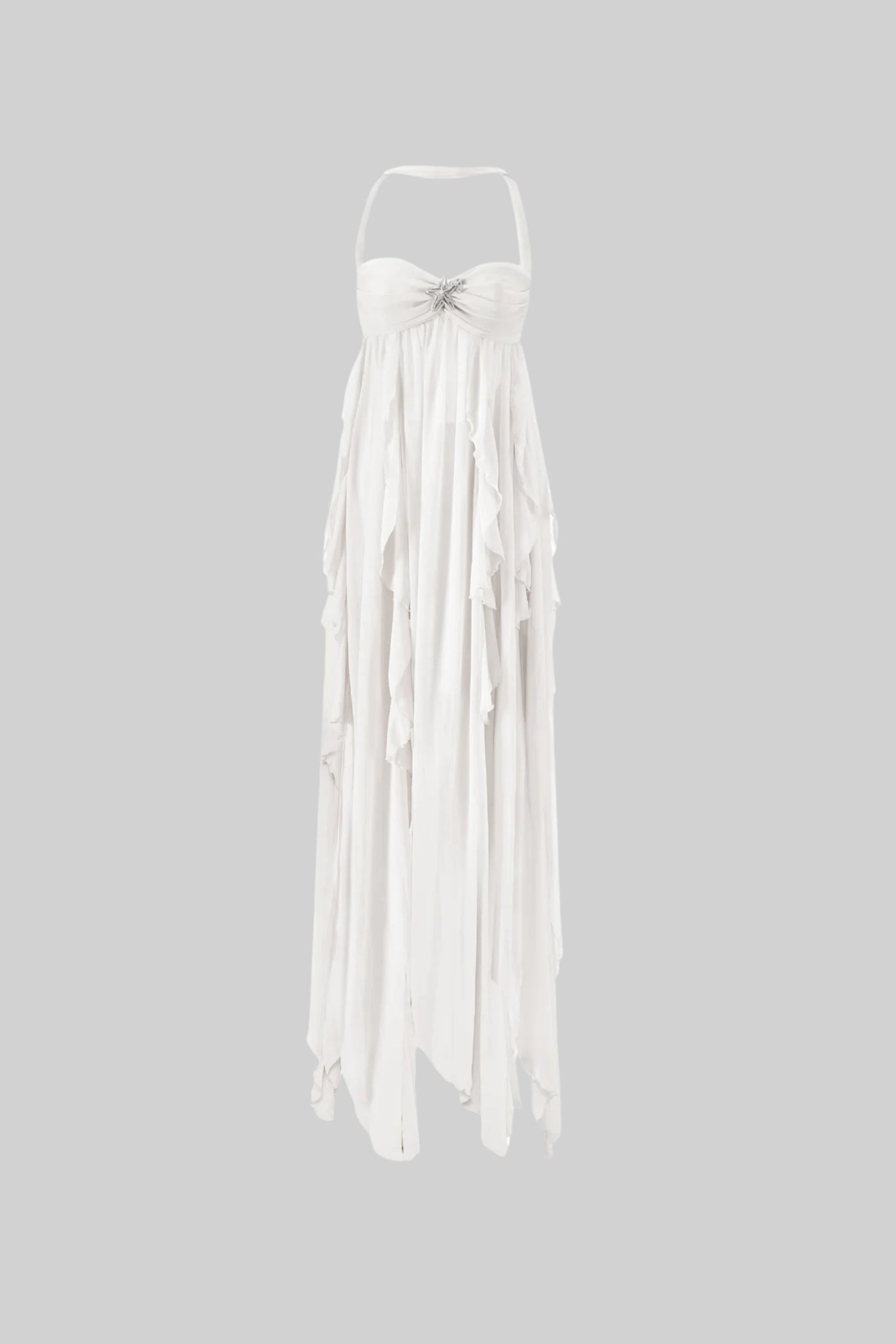 Allure Strapless Gown With Flowing Layered Skirt And Asymmetrical Hemline - White