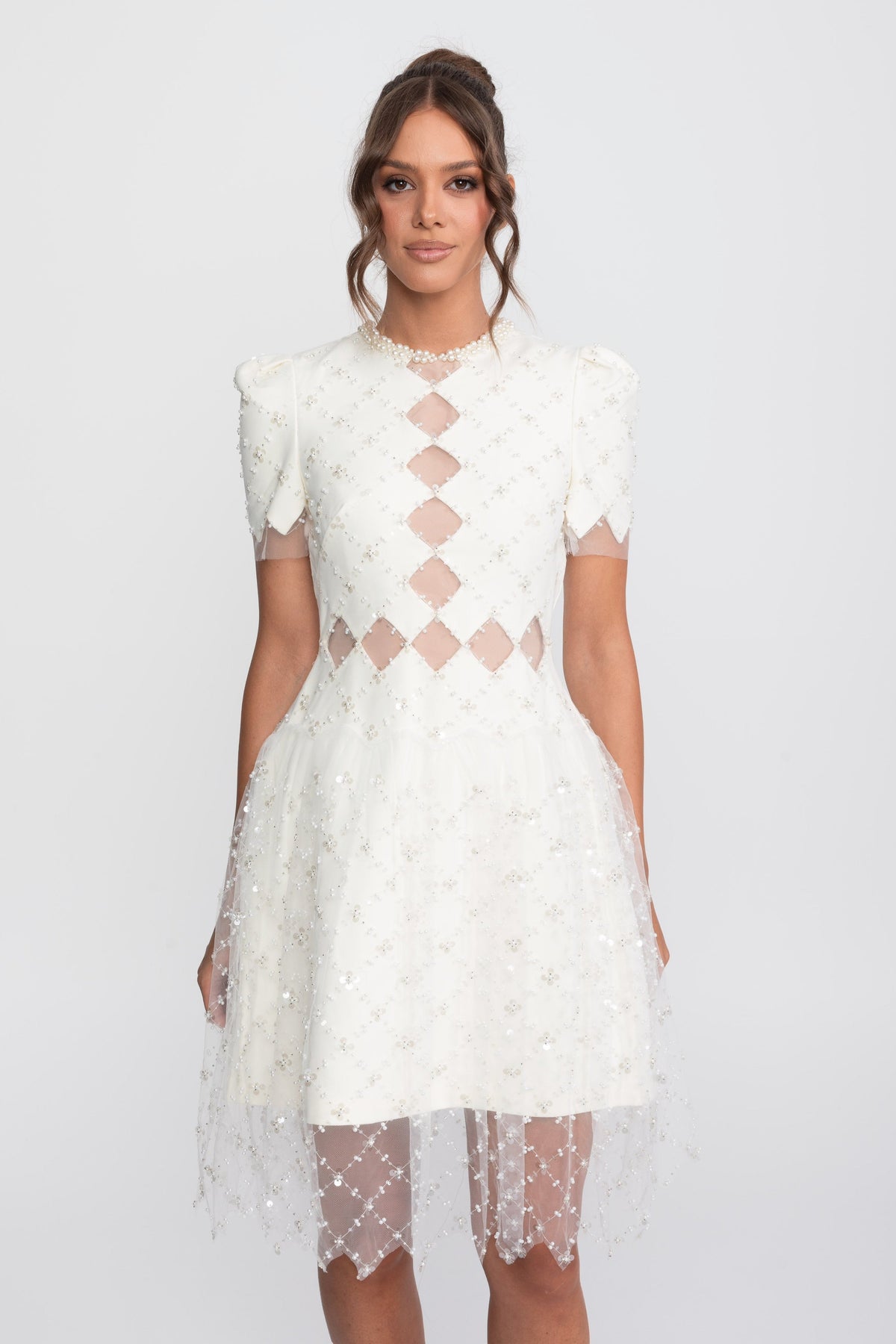 Diamond Cut-Out Beaded Dress With Pearl Trim - White