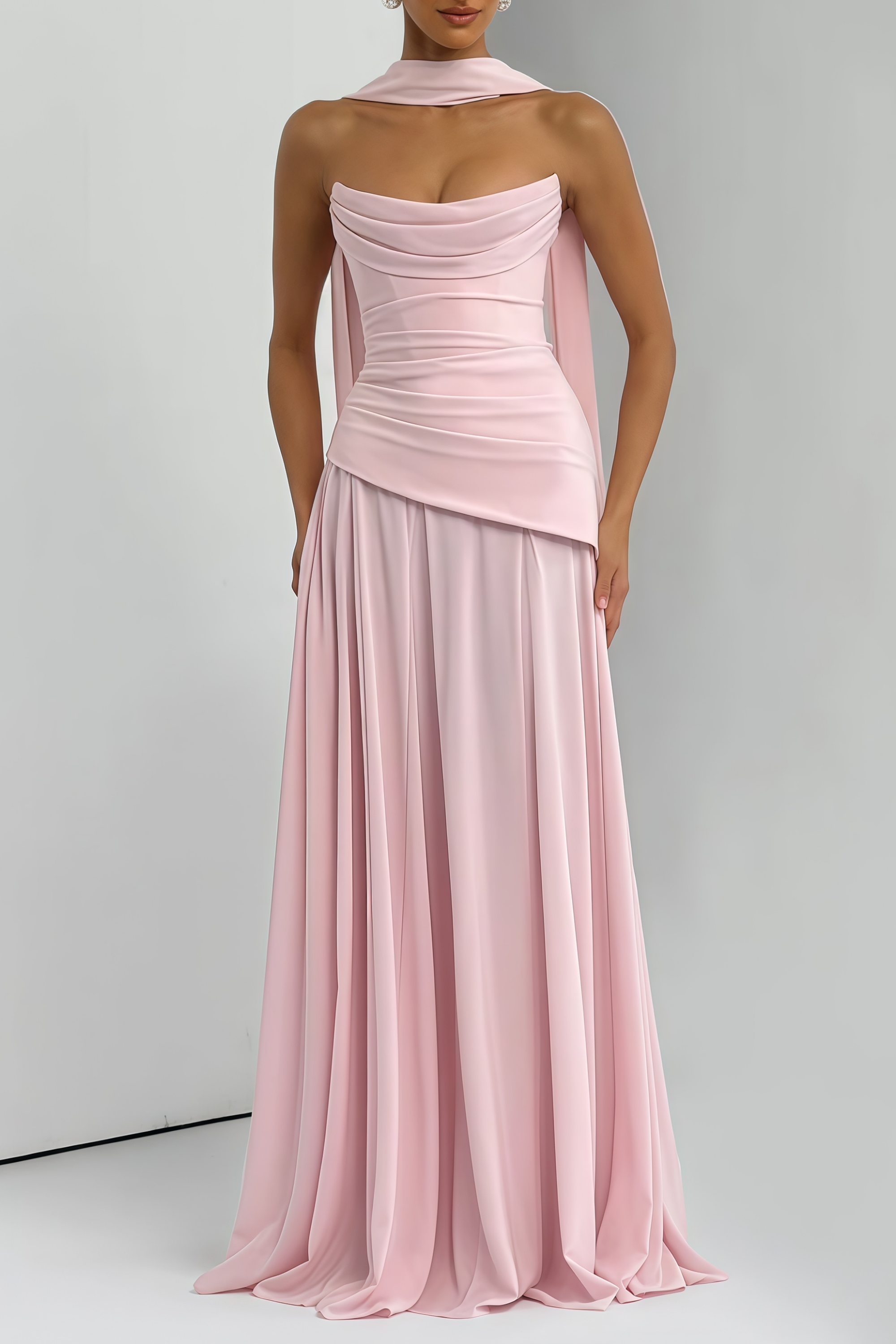 Romane Pink Strapless Corset Chiffon Maxi Dress