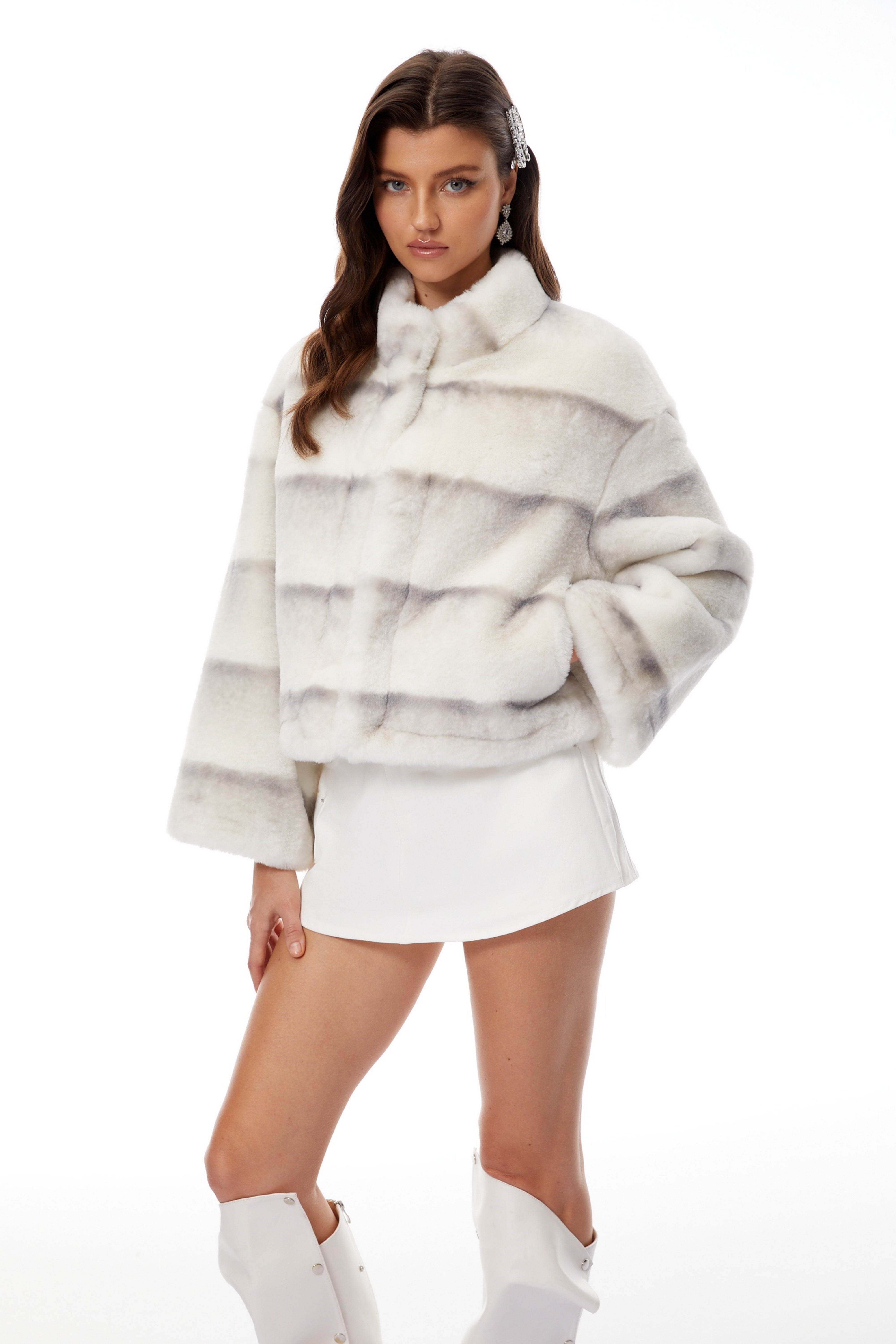 Alina White Gradient Faux Fur Short Coat