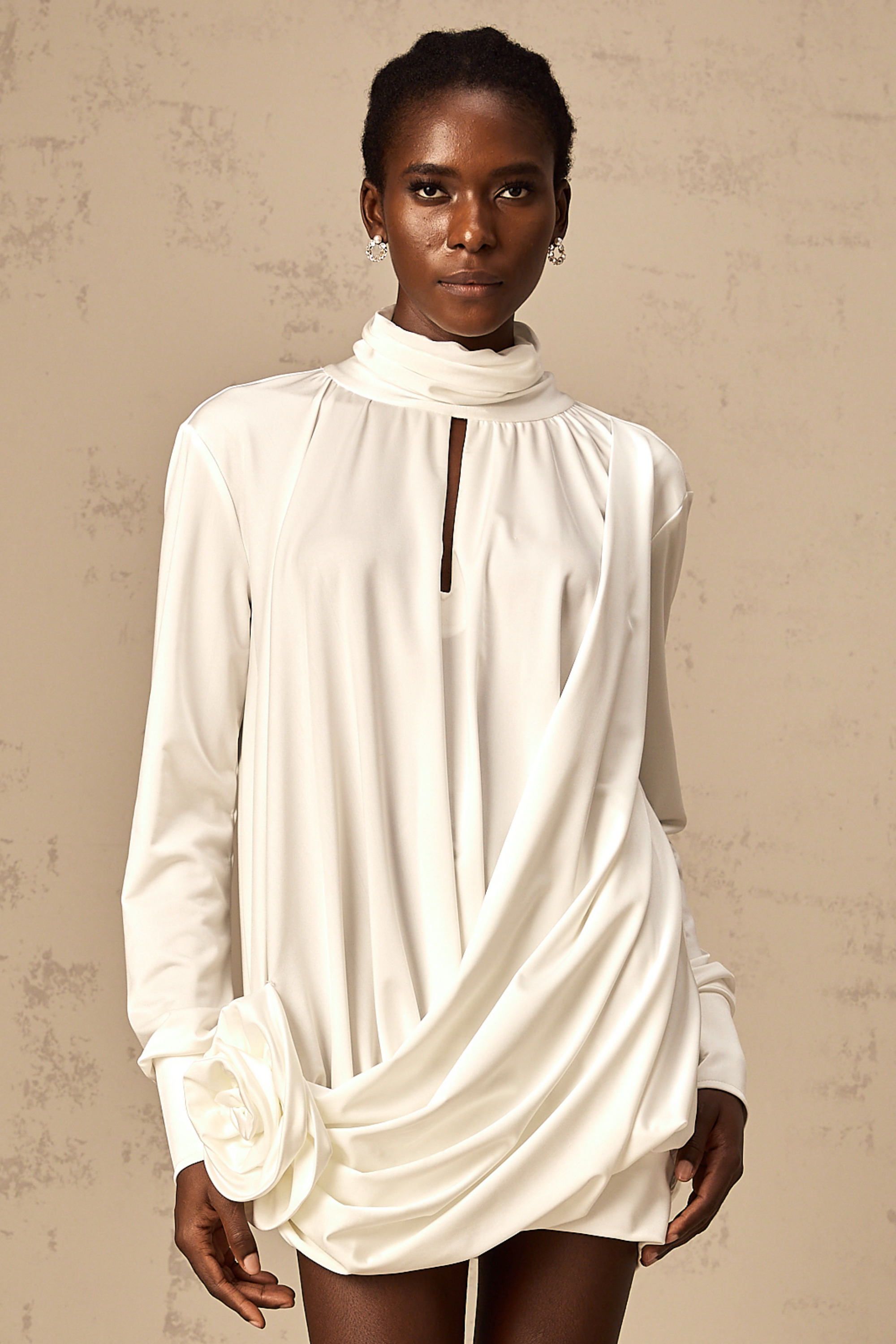 Maeva faux-flower ruched mini dress in White (Final Sale-US Only)