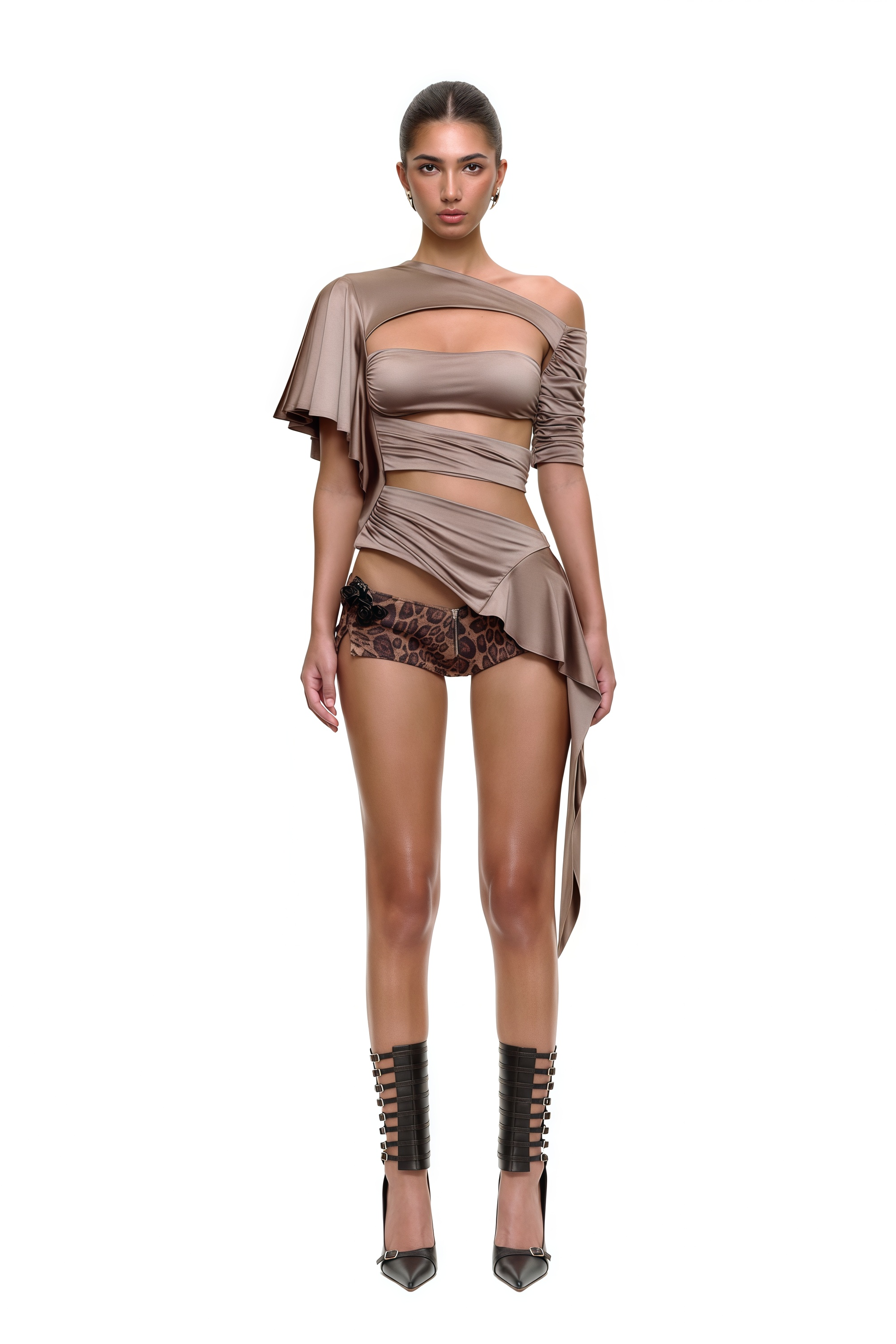 Iben Brown Asymmetrical Cut Out Satin Top