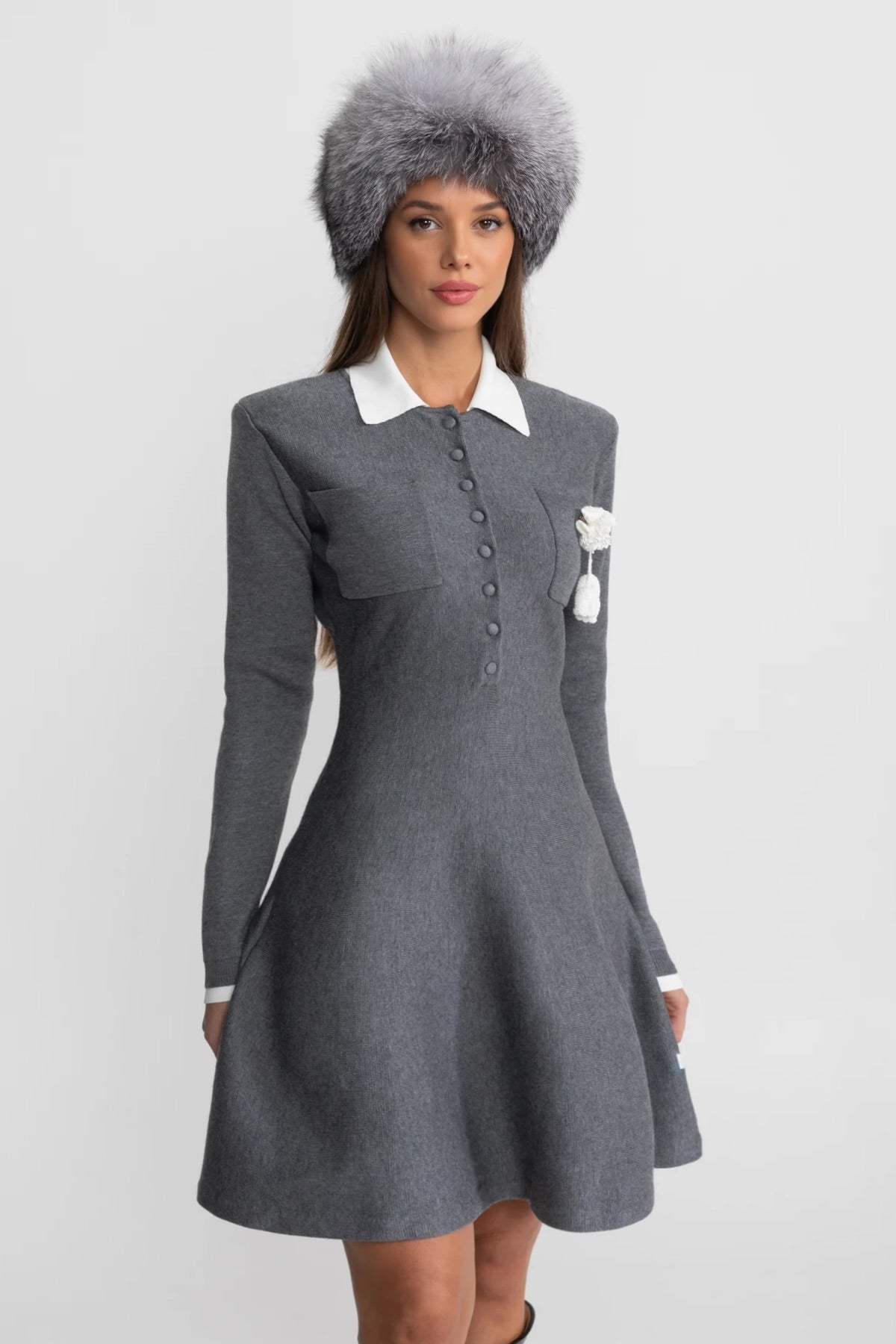 Mini Dress with Contrast Collar and Floral Brooch - Gray