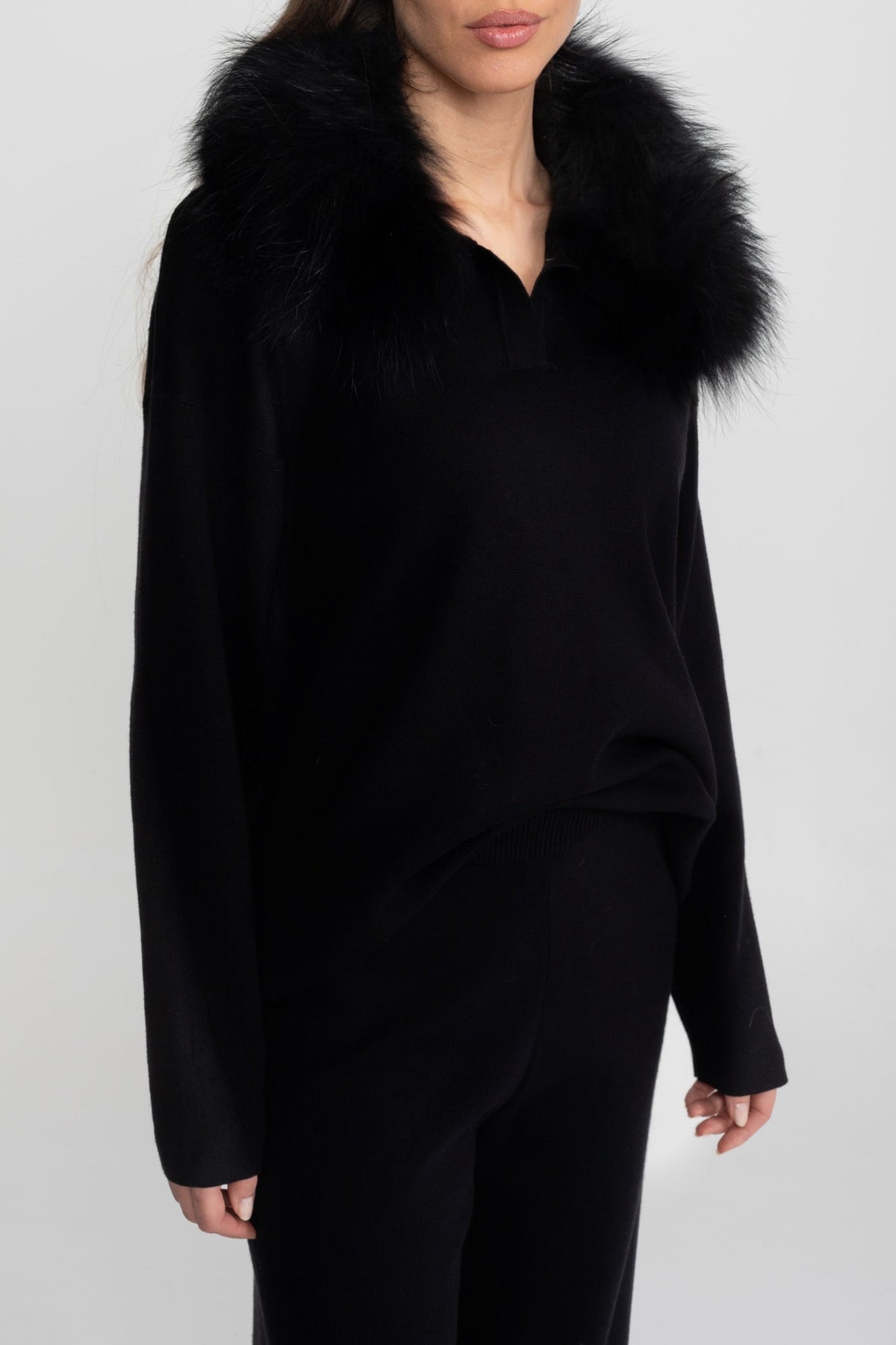 Elodie Black Knit Lounge Co-Ord Set with Fox Fur Collar
