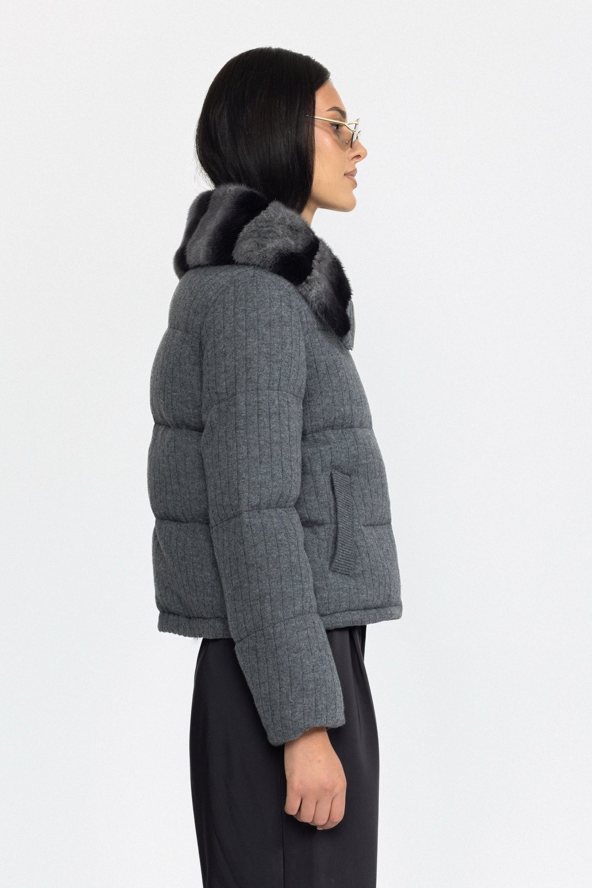 Mink Collar Knit Down Jacket - Grey