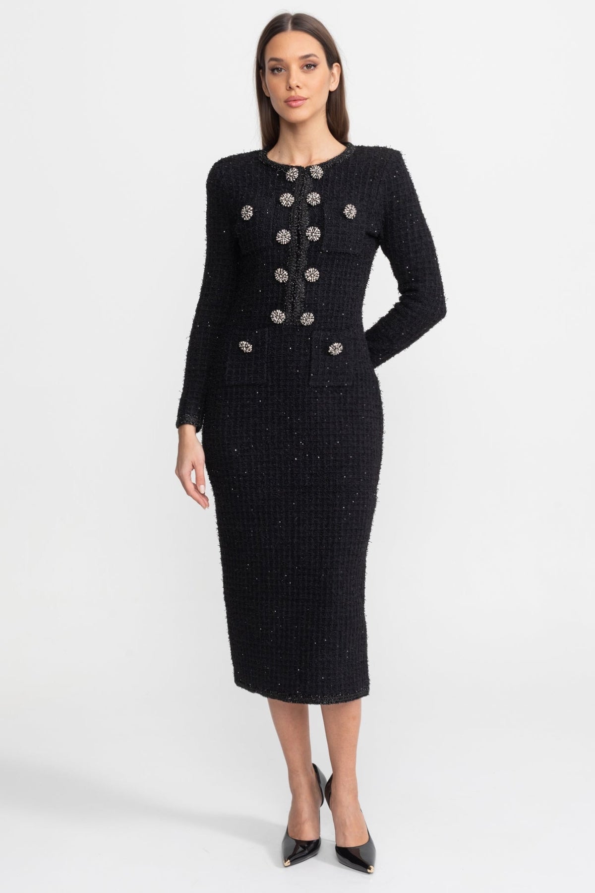 Augustine Black Textured Tweed Midi Dress with Crystal Button Detail