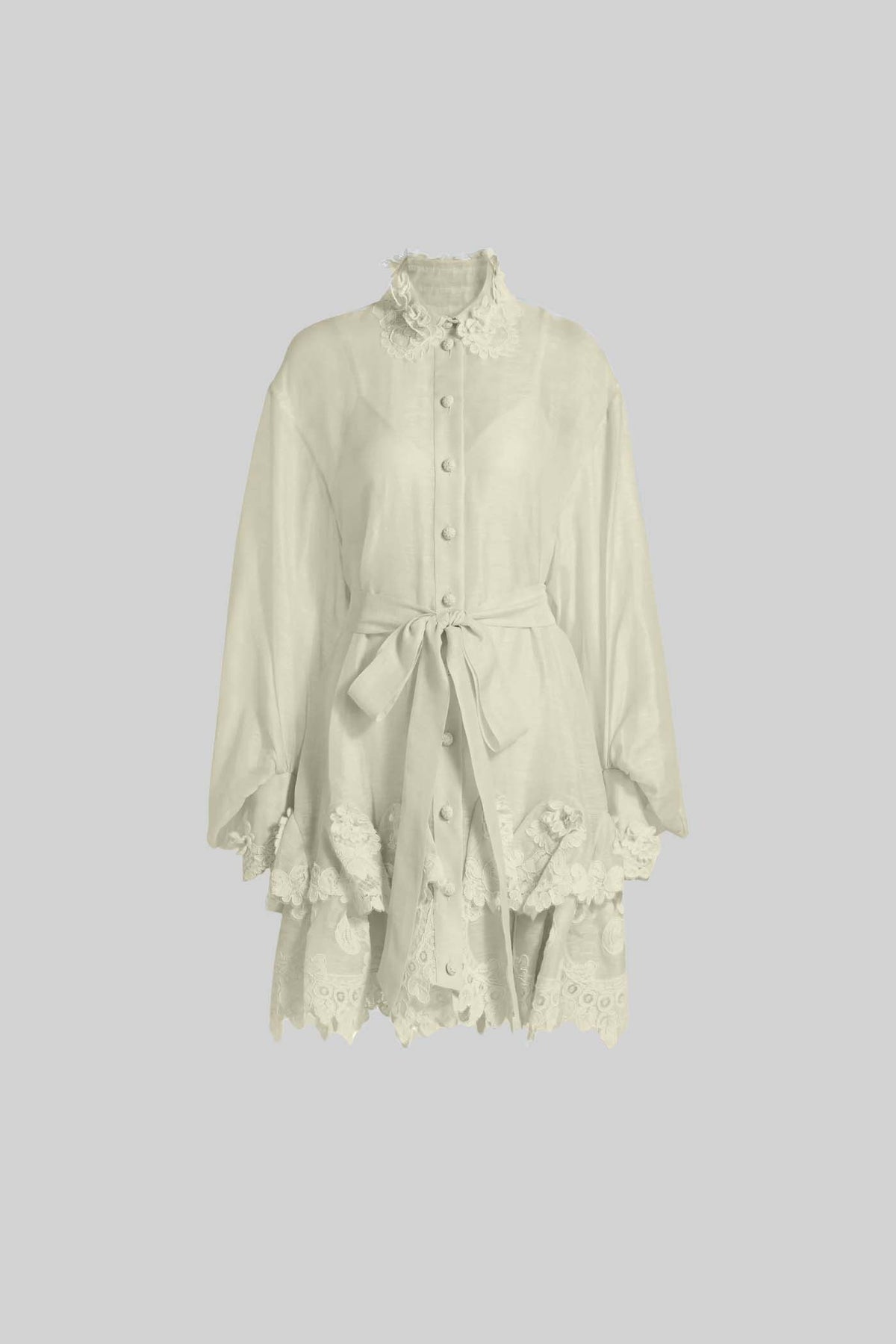 Long-Sleeved Sheer Dress With Tied Waist And Intricate Lace Hem - Ivoire