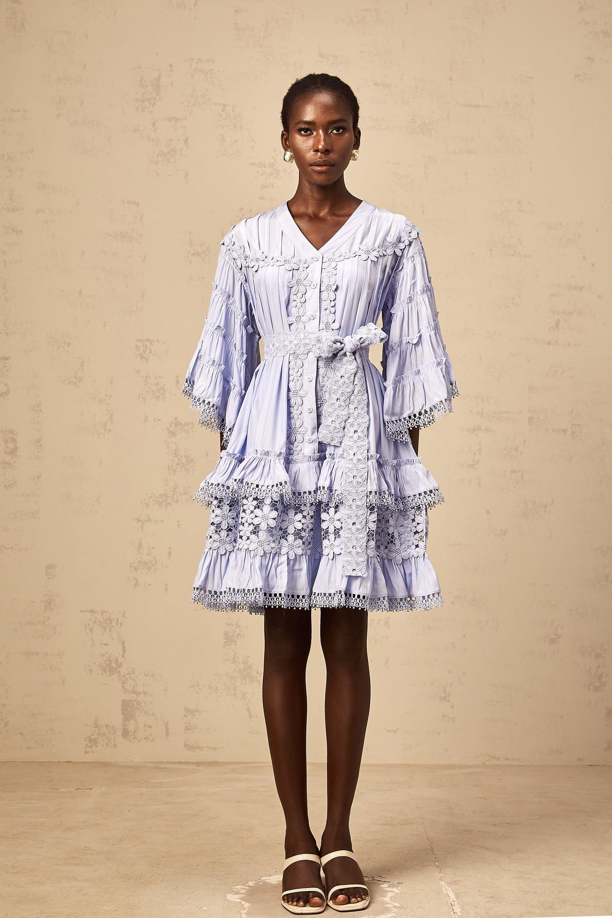 Gaëlle light-blue floral-embroidered tiered mini dress