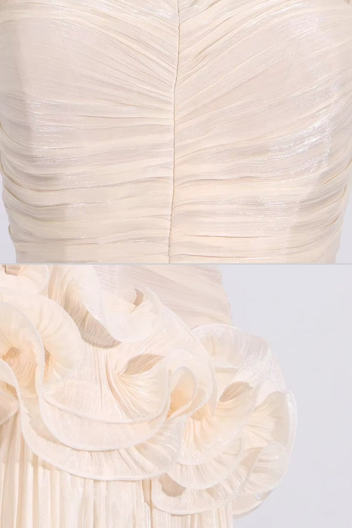 Elegant Ruched Gown With Fitted Bodice And Ruffled Waistline - Ivoire