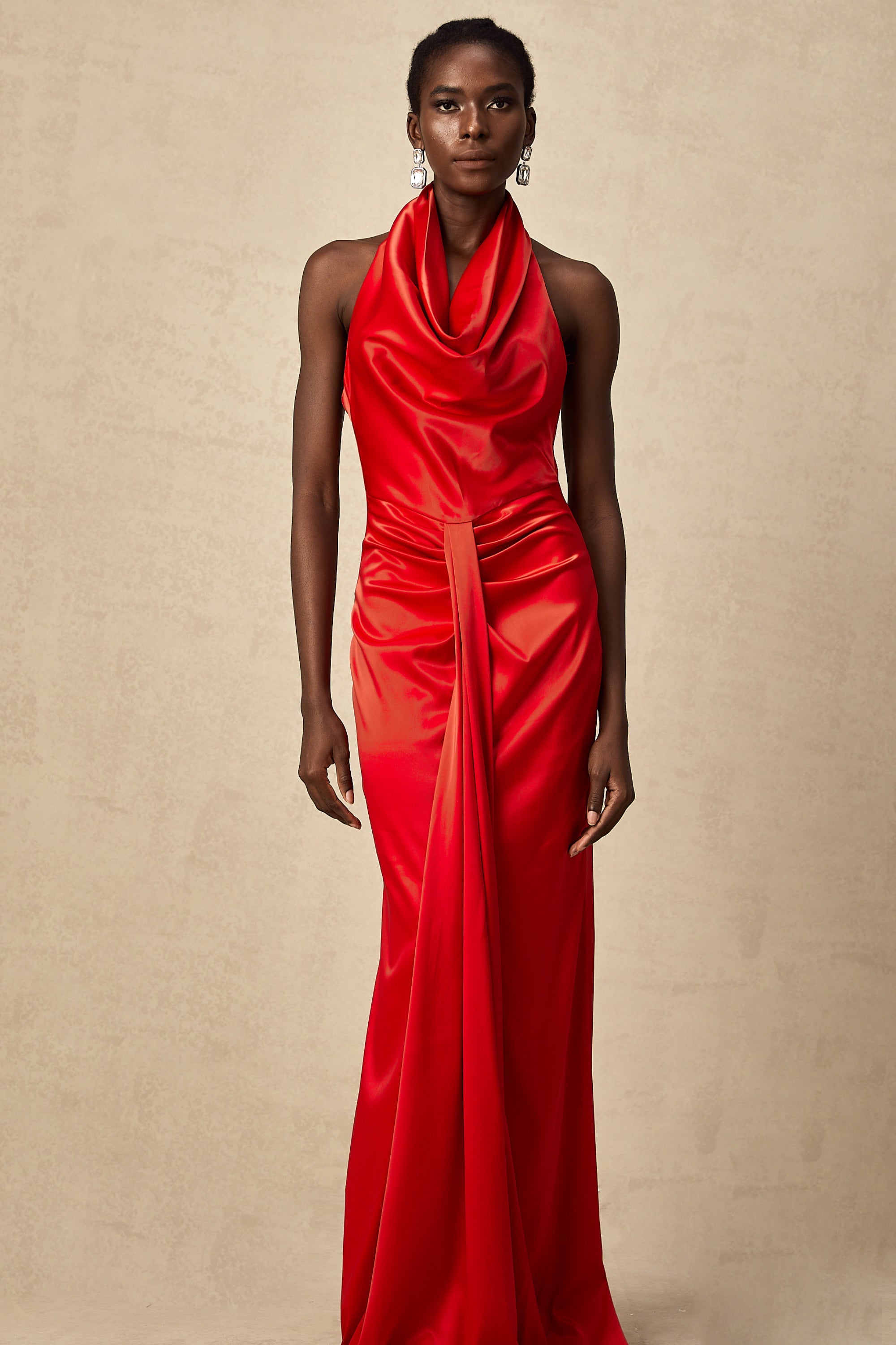 Alix red halterneck draped satin maxi dress (Final Sale-US Only)
