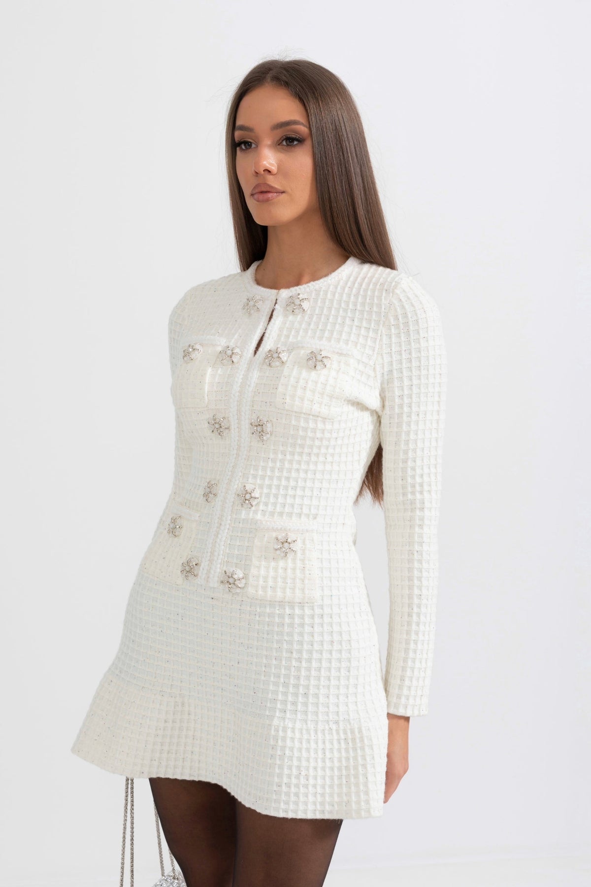 Florentine White Long Sleeve Knee-Length Knitted Dress