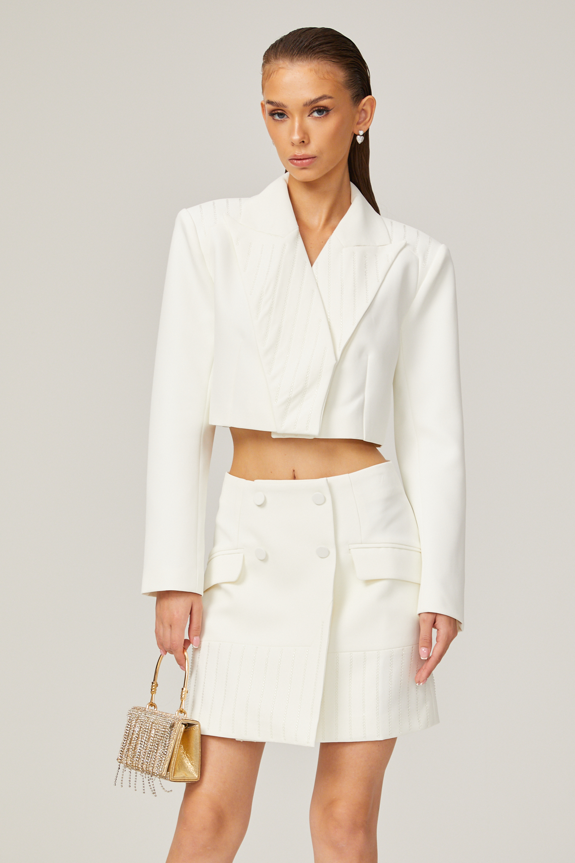 Carlotta white embellished jacket & skirt matching set (US Only)