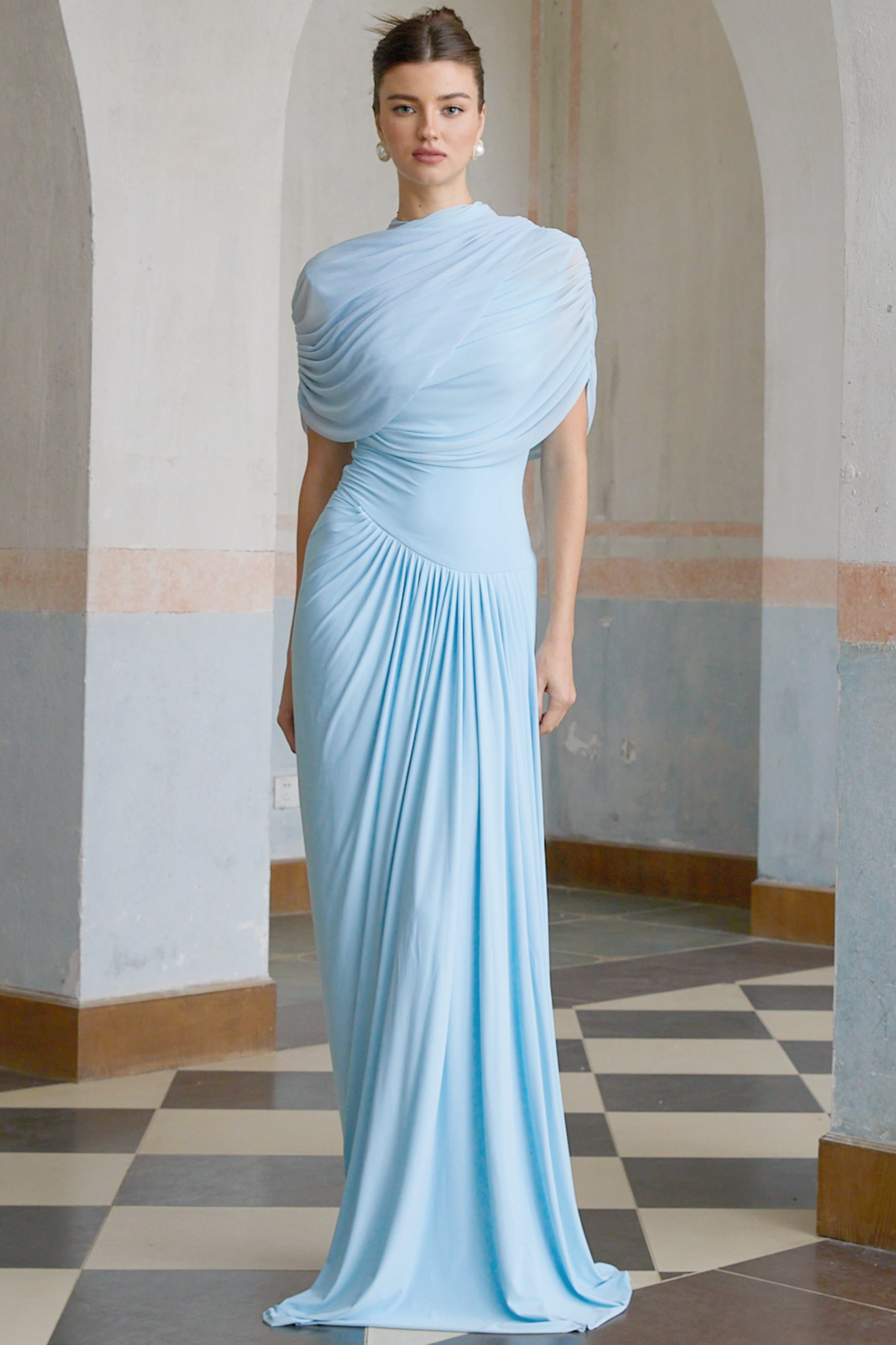 Catherine asymmetric pleated maxi dress in Baby-blue