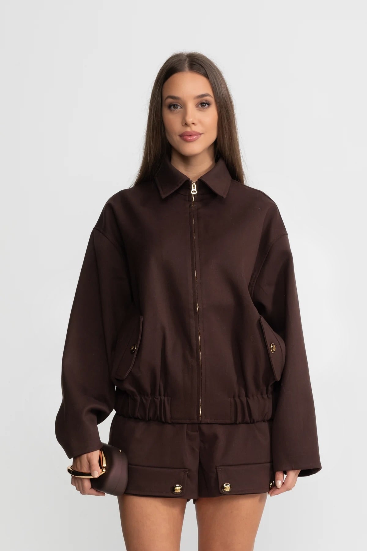 Co-Ord Set With Zip-Up Utility Jacket And Matching Mini Skirt – Brown