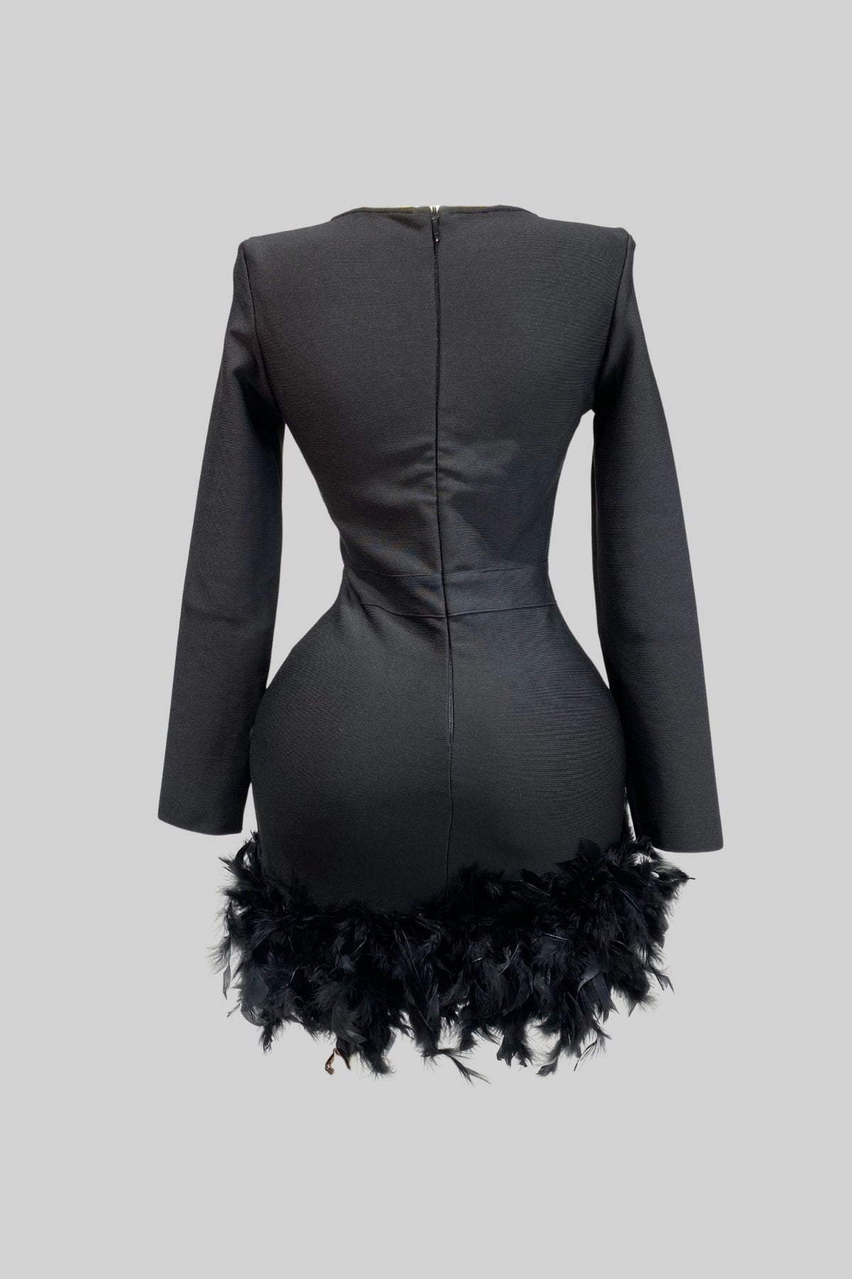 Feather Trim Mini Dress With Deep Neckline – Black