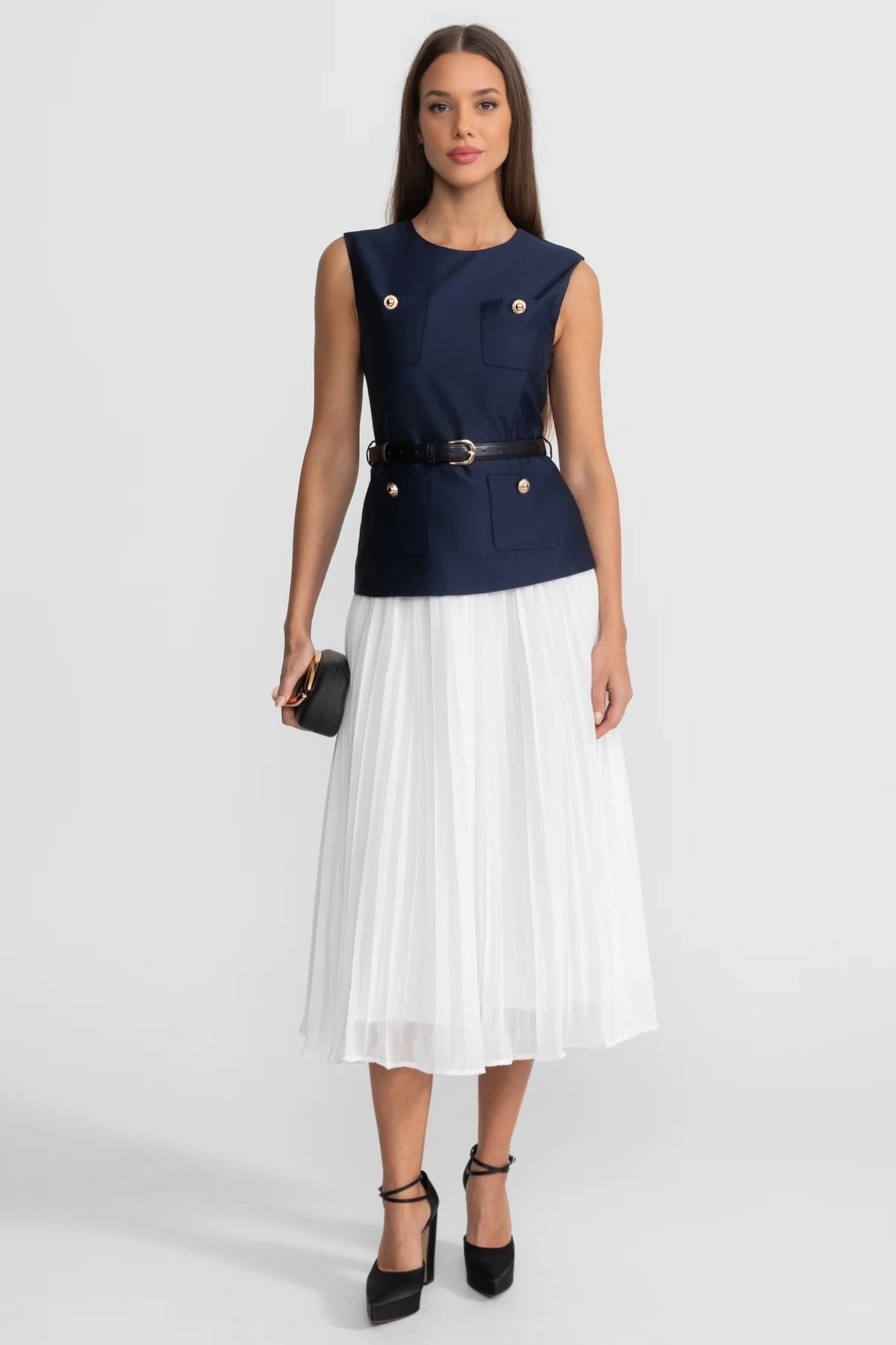 Sleeveless Midi Dress with Belted Waist and Contrast Skirt - Navy