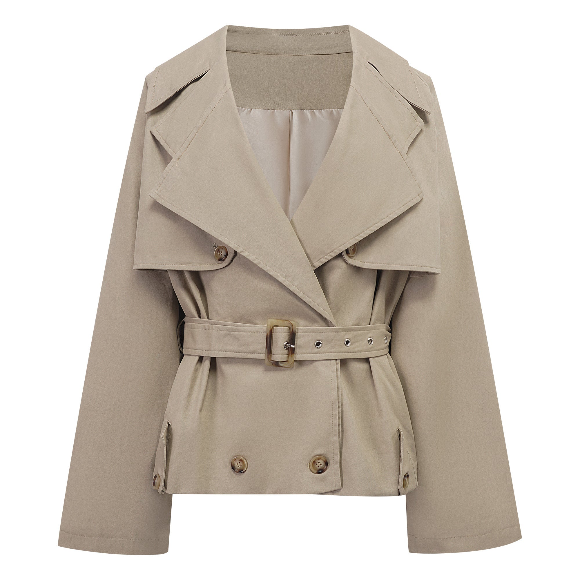 Sandra Khaki Double-Breasted Short Trench Coat