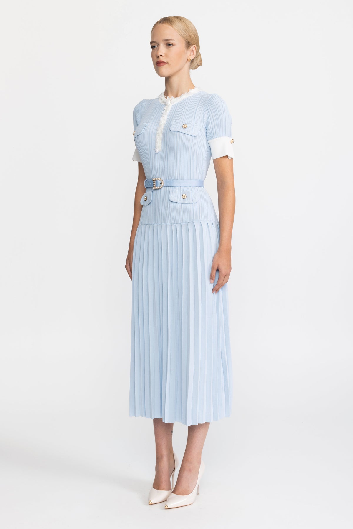 Pleated Knit Ruffle Trim Midi Dress - Light Blue
