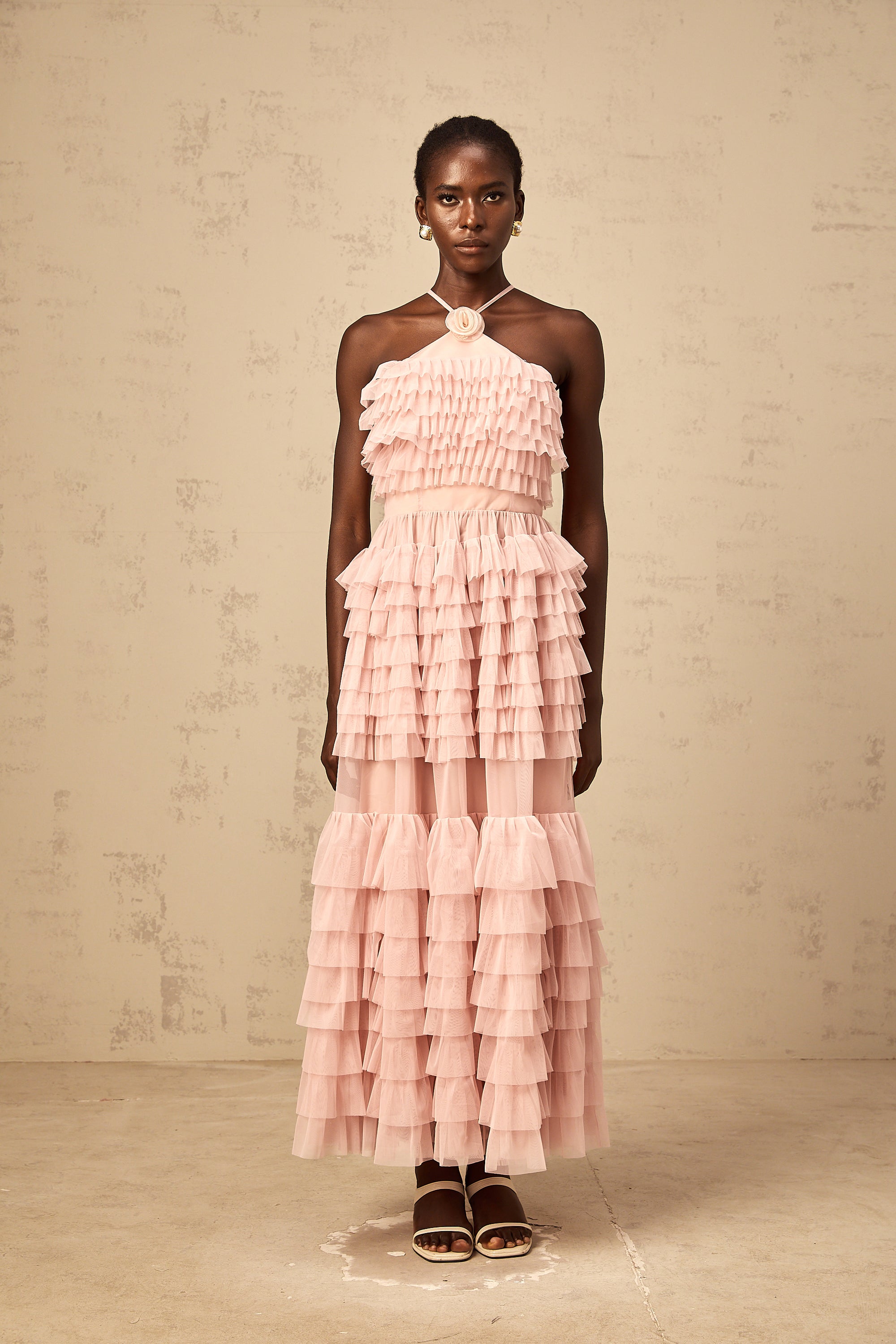 Isabelle pink petal-brooch ruffled tiered tulle maxi dress