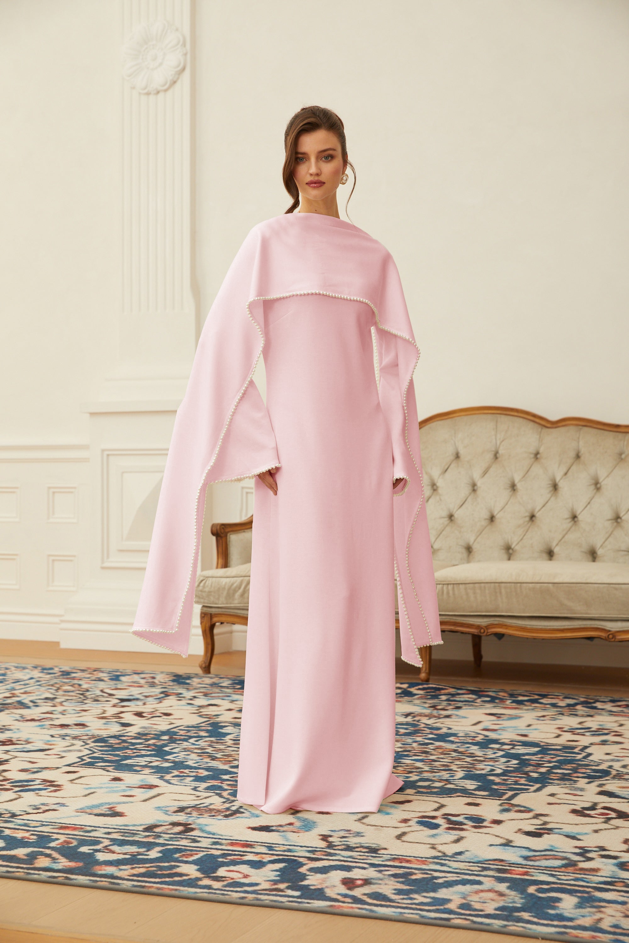 Piroska Pink Pearl Trim Shawl Detail Maxi Dress