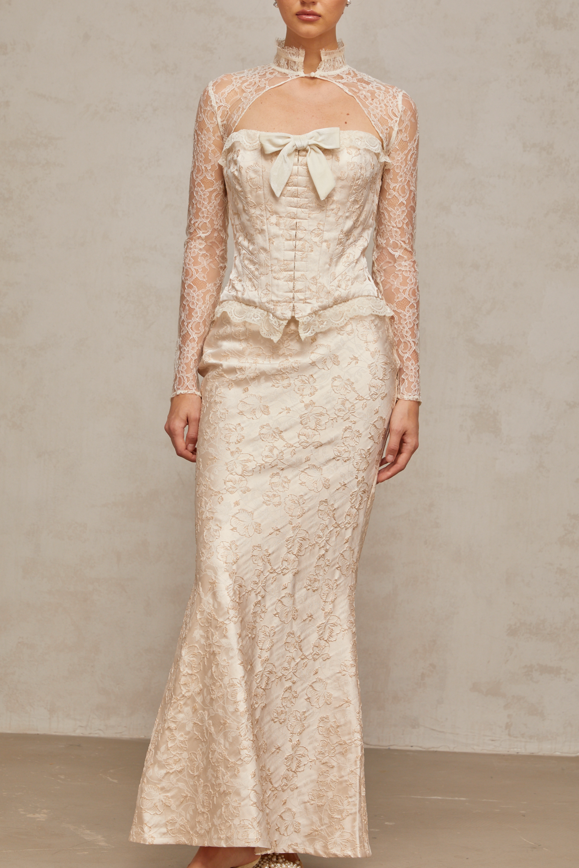 Zoéline ivory patterned-jacquard top & skirt matching set