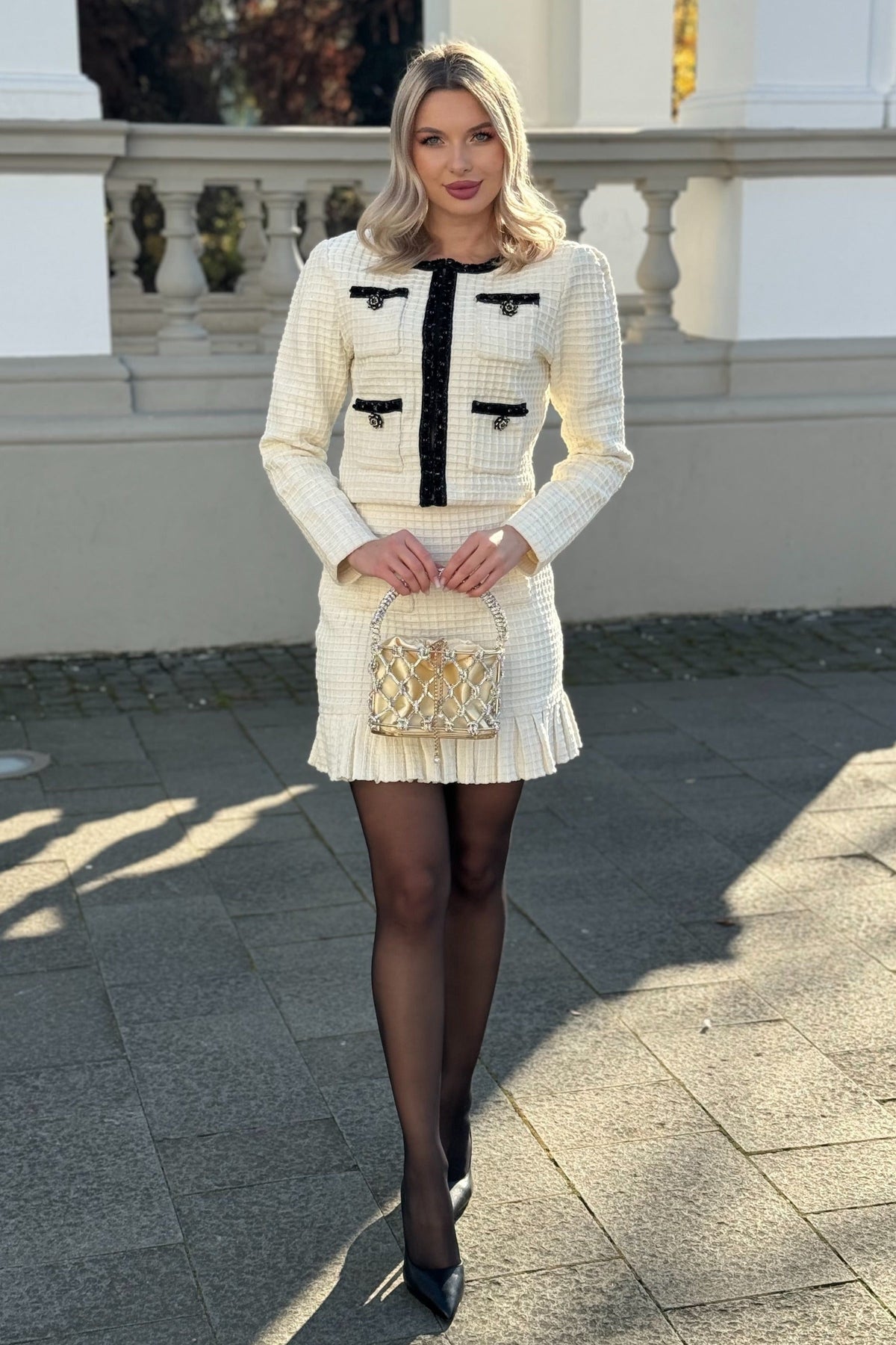 Apollonia Ivoire Tweed Co-Ord Set With Black Details