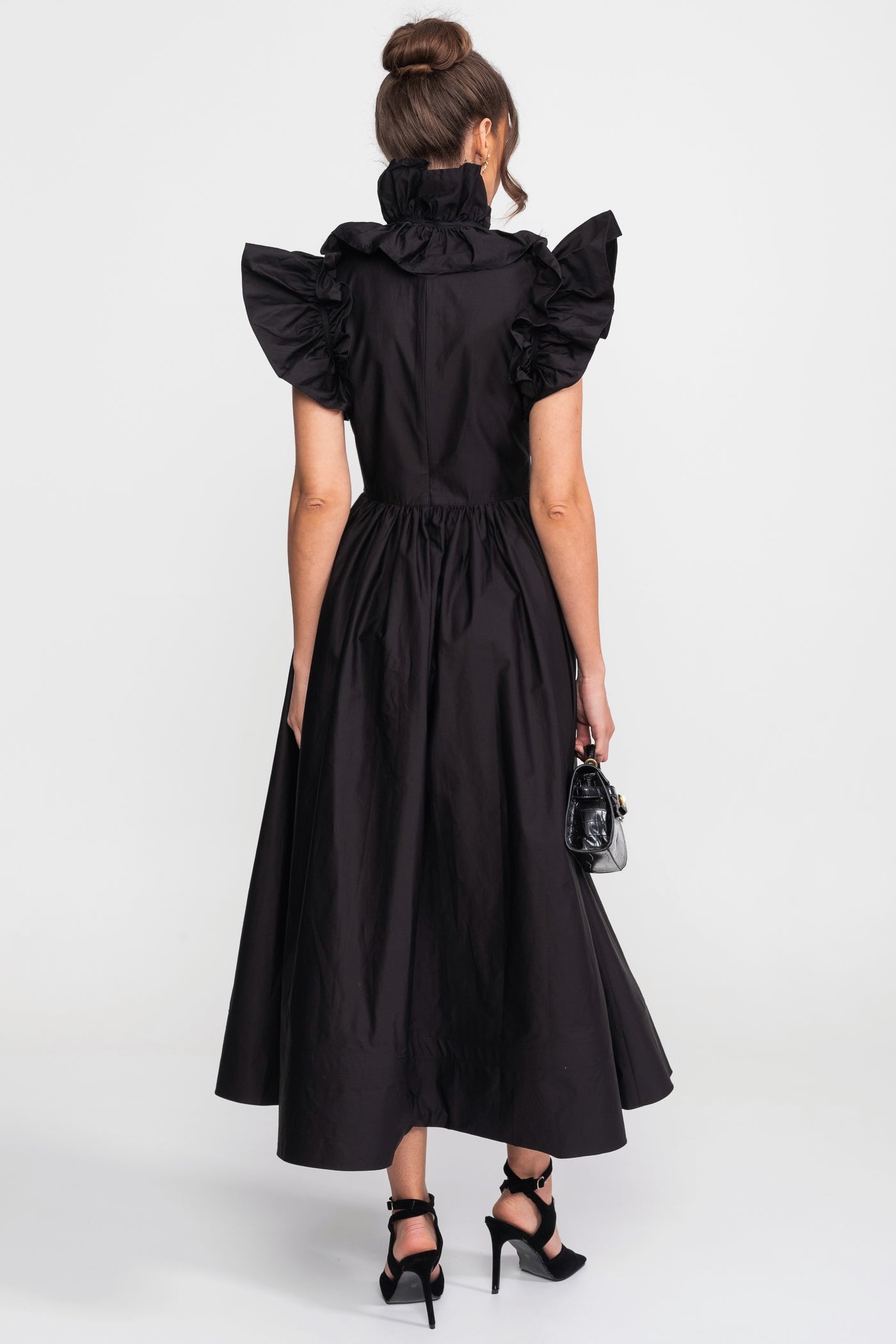 High-Neck Maxi Dress With Dramatic Ruffle Bib Front - Black