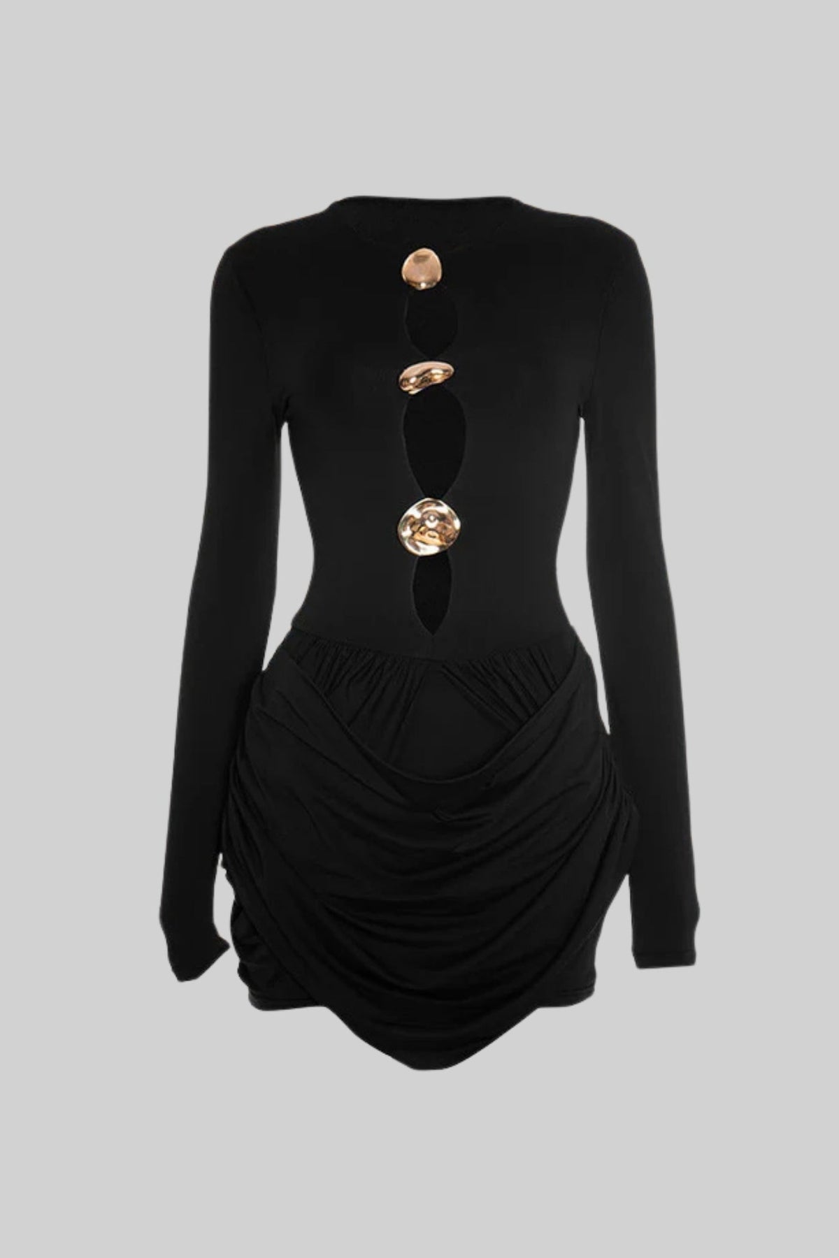 Draped Cut-Out Mini Dress With Sculptural Buttons – Black