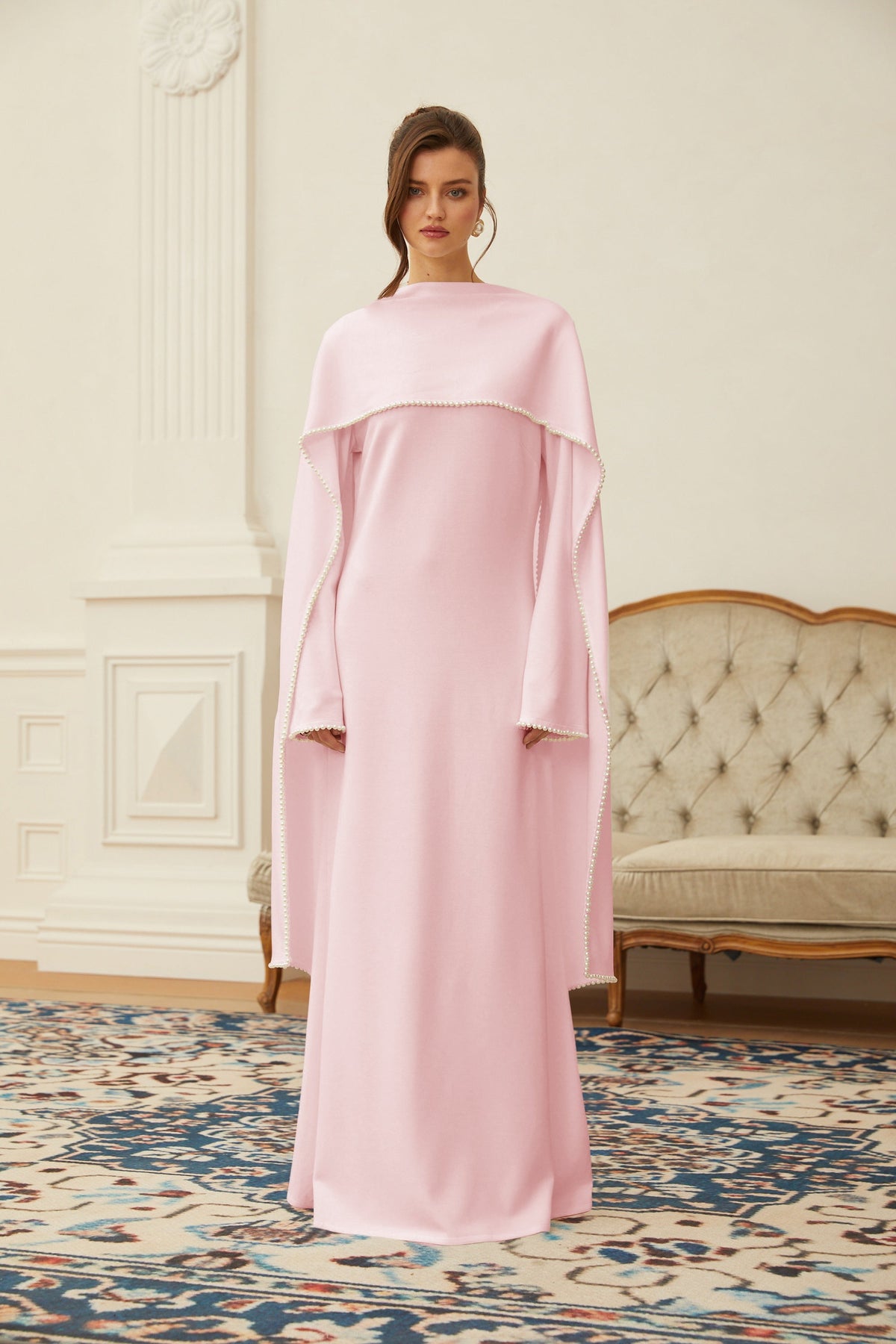Piroska Pink Pearl Trim Shawl Detail Maxi Dress