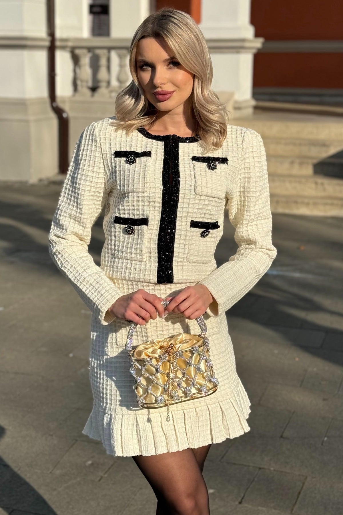 Apollonia Ivoire Tweed Co-Ord Set With Black Details