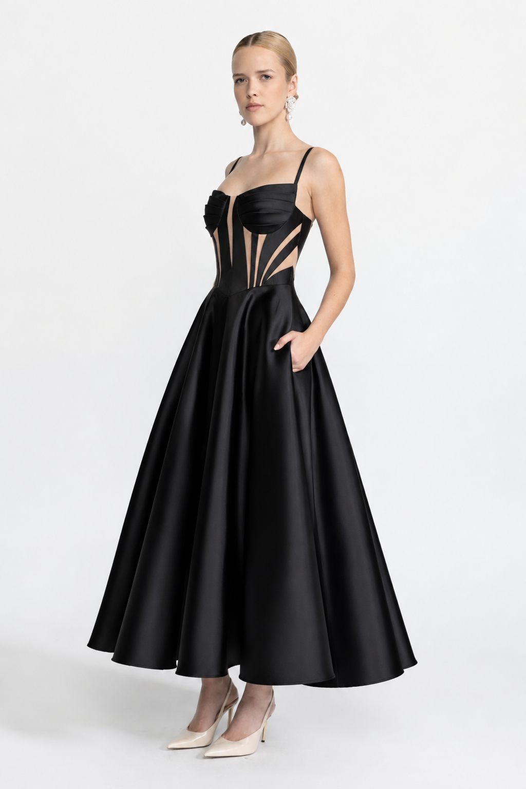 Josephine Black Sheer Panel Satin Corset Midi Dress