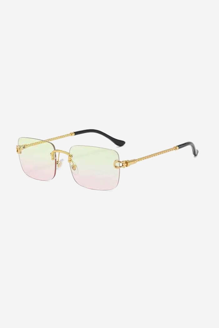Rimless Square Sunglasses with Twisted Gold Rope Temples – Green/Pink