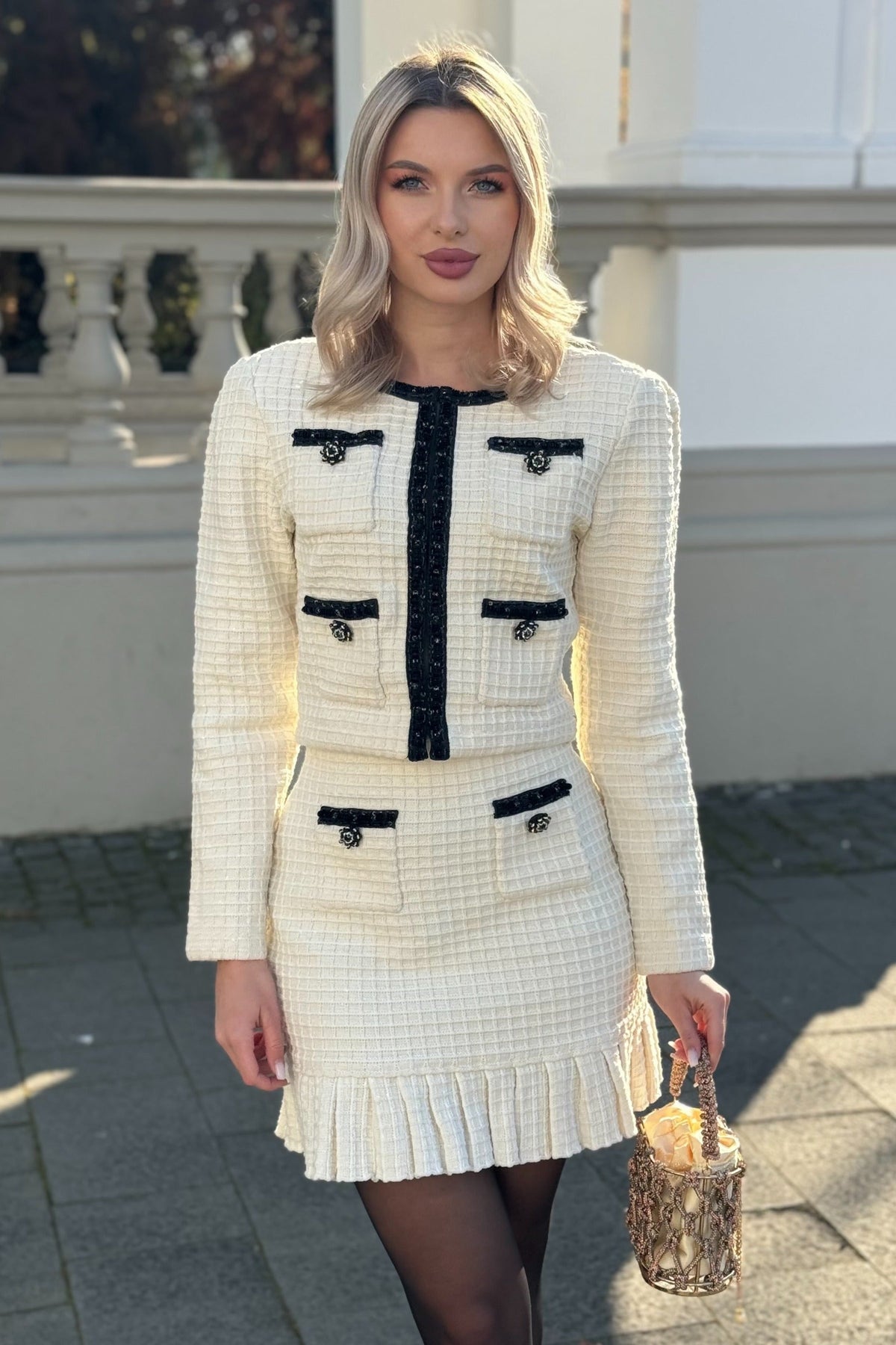 Apollonia Ivoire Tweed Co-Ord Set With Black Details