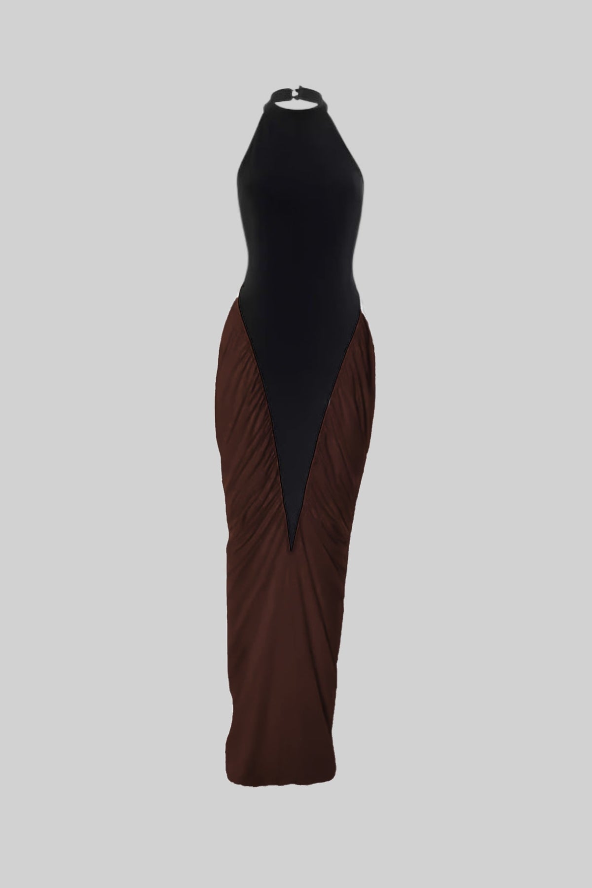 Halter Maxi Dress with Contrasting Ruched Paneling - Black/Brown