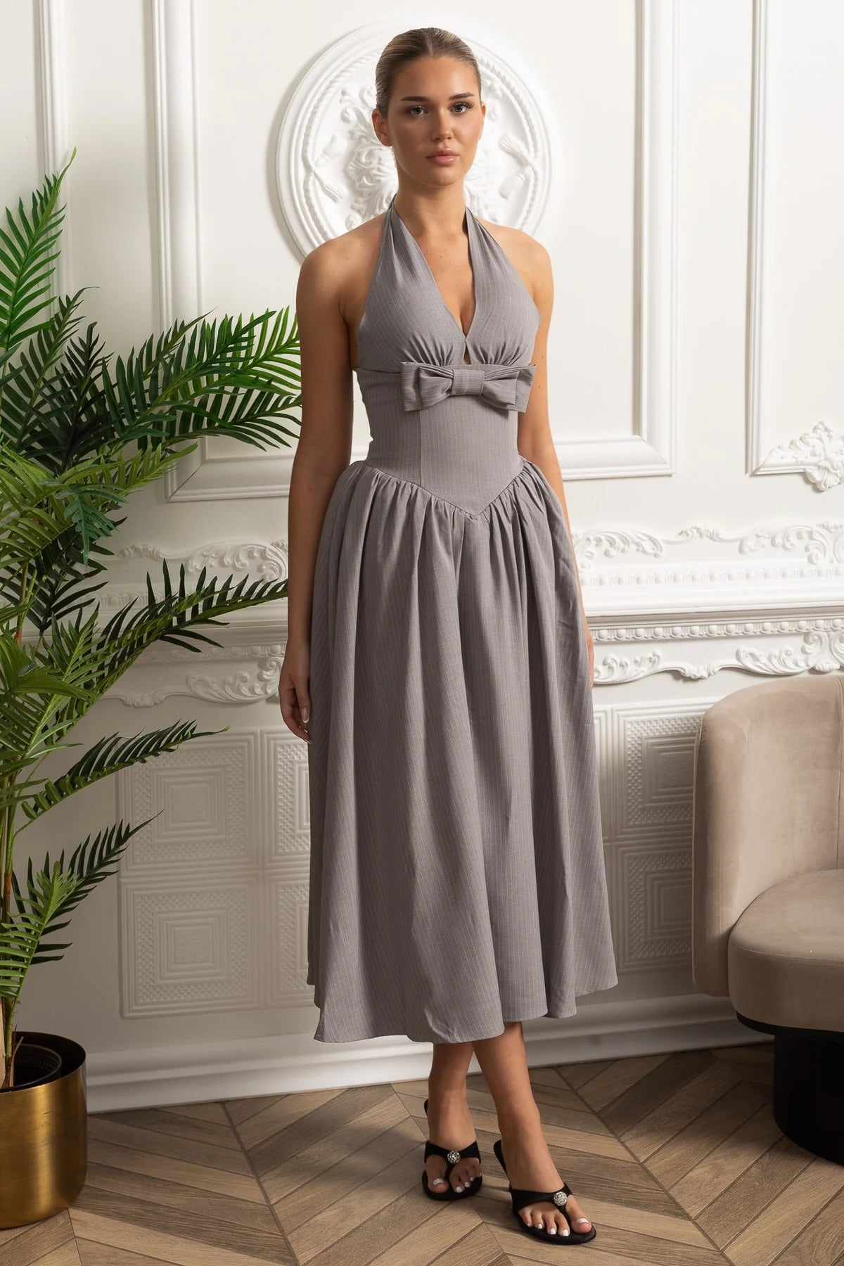 Halterneck Midi Dress With Bow Detail And Gathered Skirt - Gray