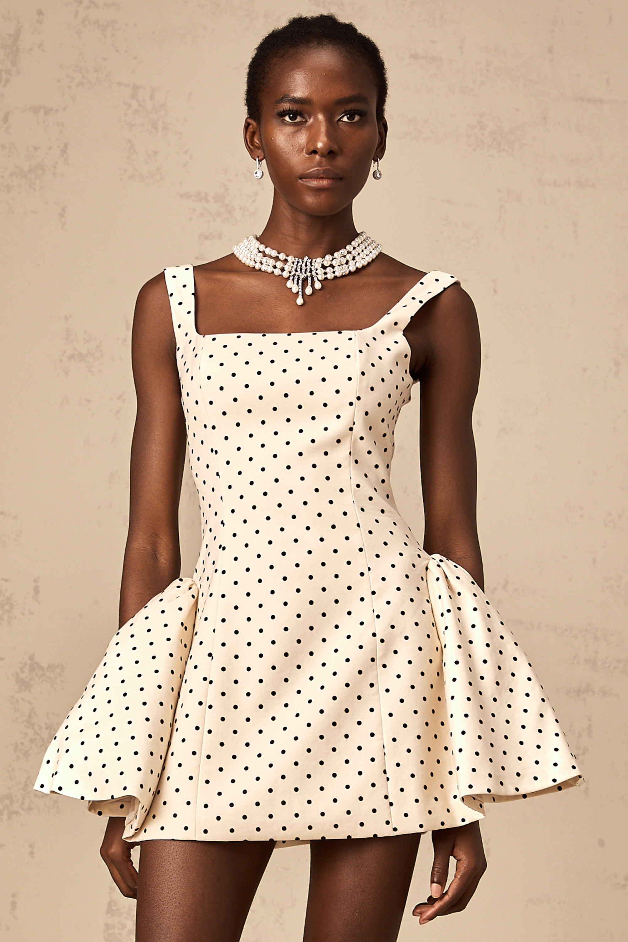Geneviève neutrals polka-dot puff mini dress