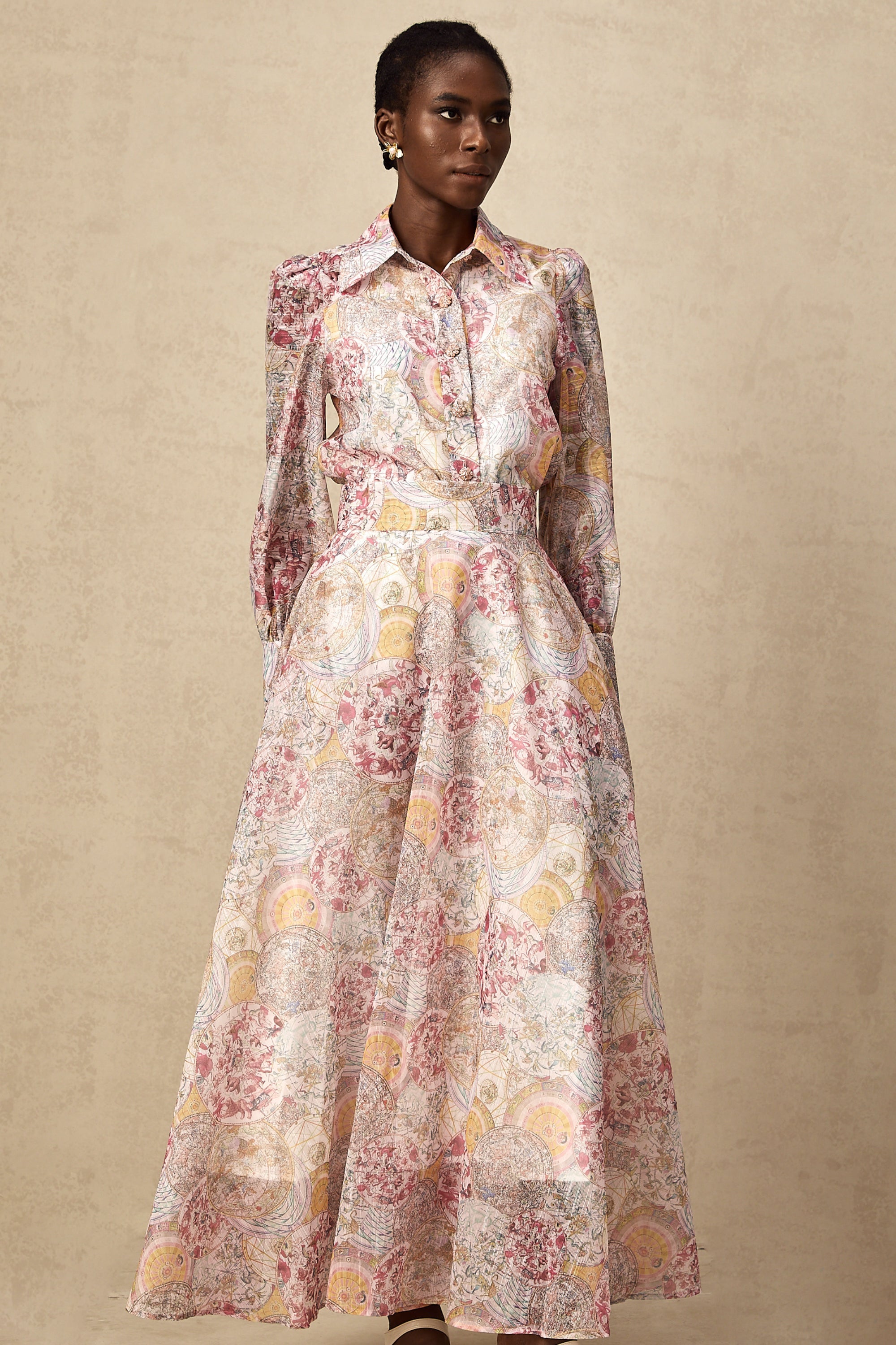 Cherry pink pattern-print shirt & skirt matching set (Final Sale-US Only)