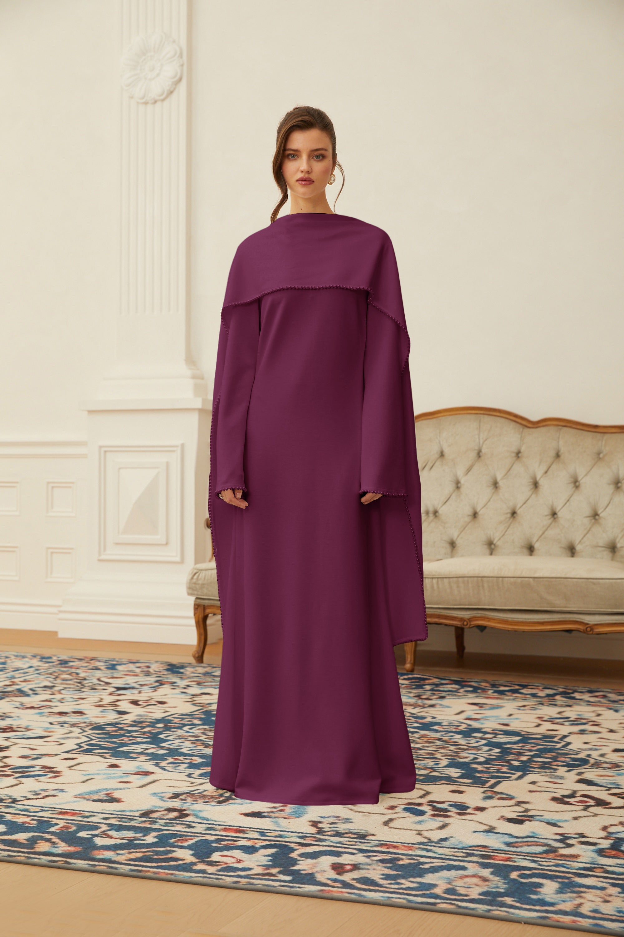 Piroska Purple Pearl Trim Shawl Detail Maxi Dress