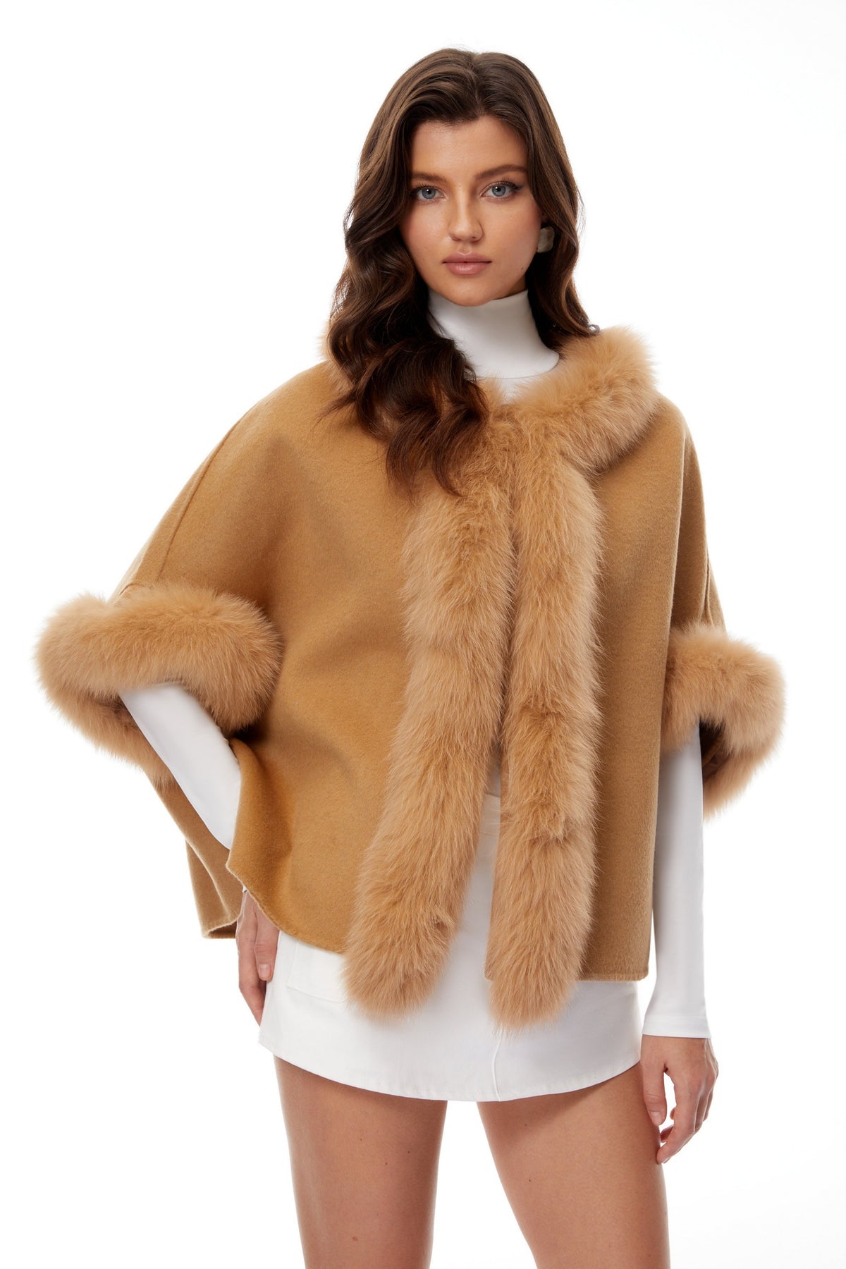 Everleigh Light Brown Fur Panel Wool Cape Coat