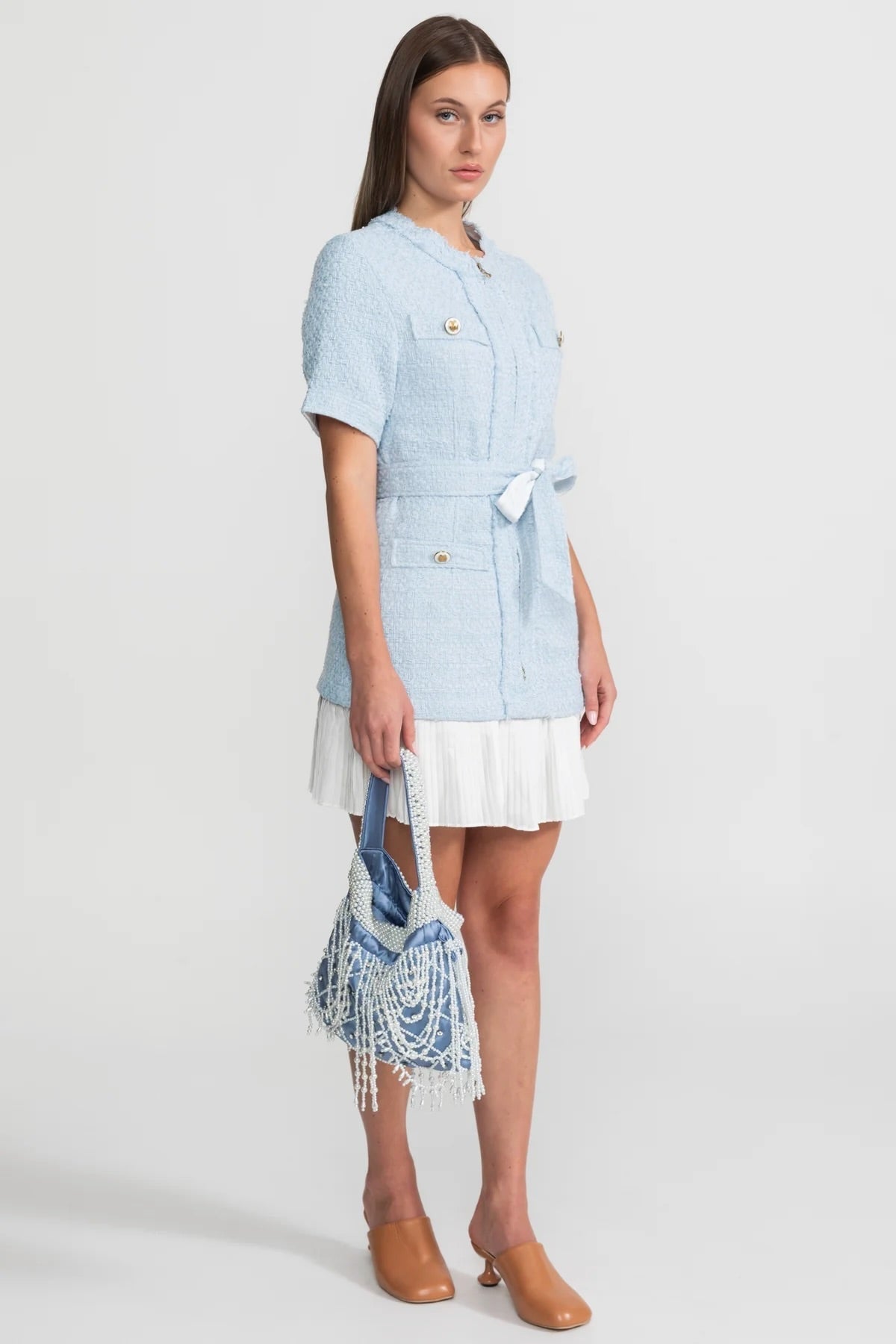 Adeline Powder Blue Belted Tweed Jacket Dress With White Pleated Hem